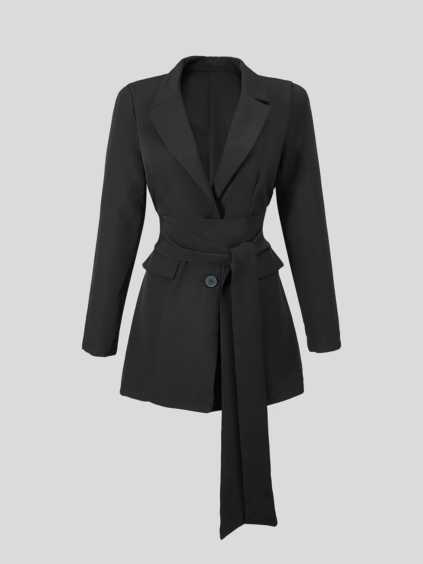 Black Belted Blazer Jacket with Button Closure