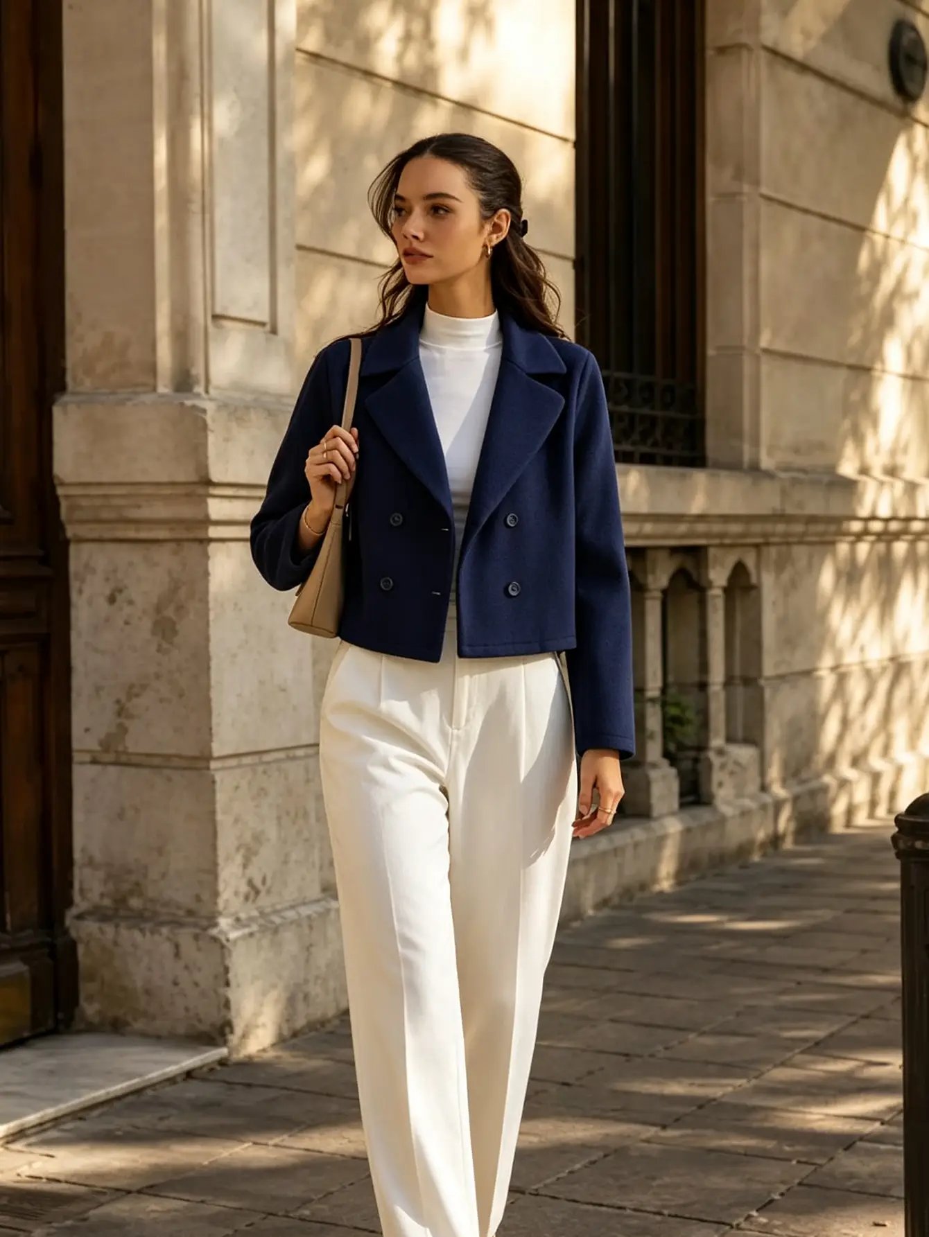 Dark Blue Cropped Double-Breasted Blazer Jacket