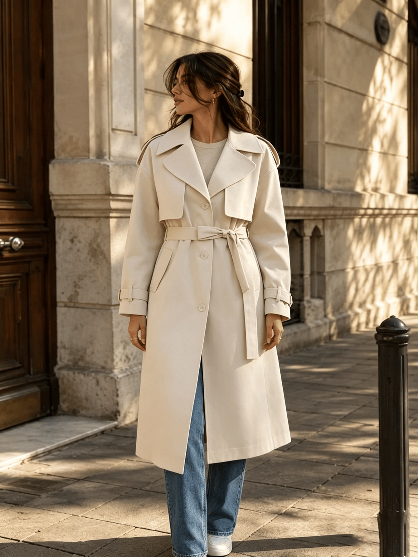Neige Belted Oversized Long Trench Coat Lapel Windbreaker