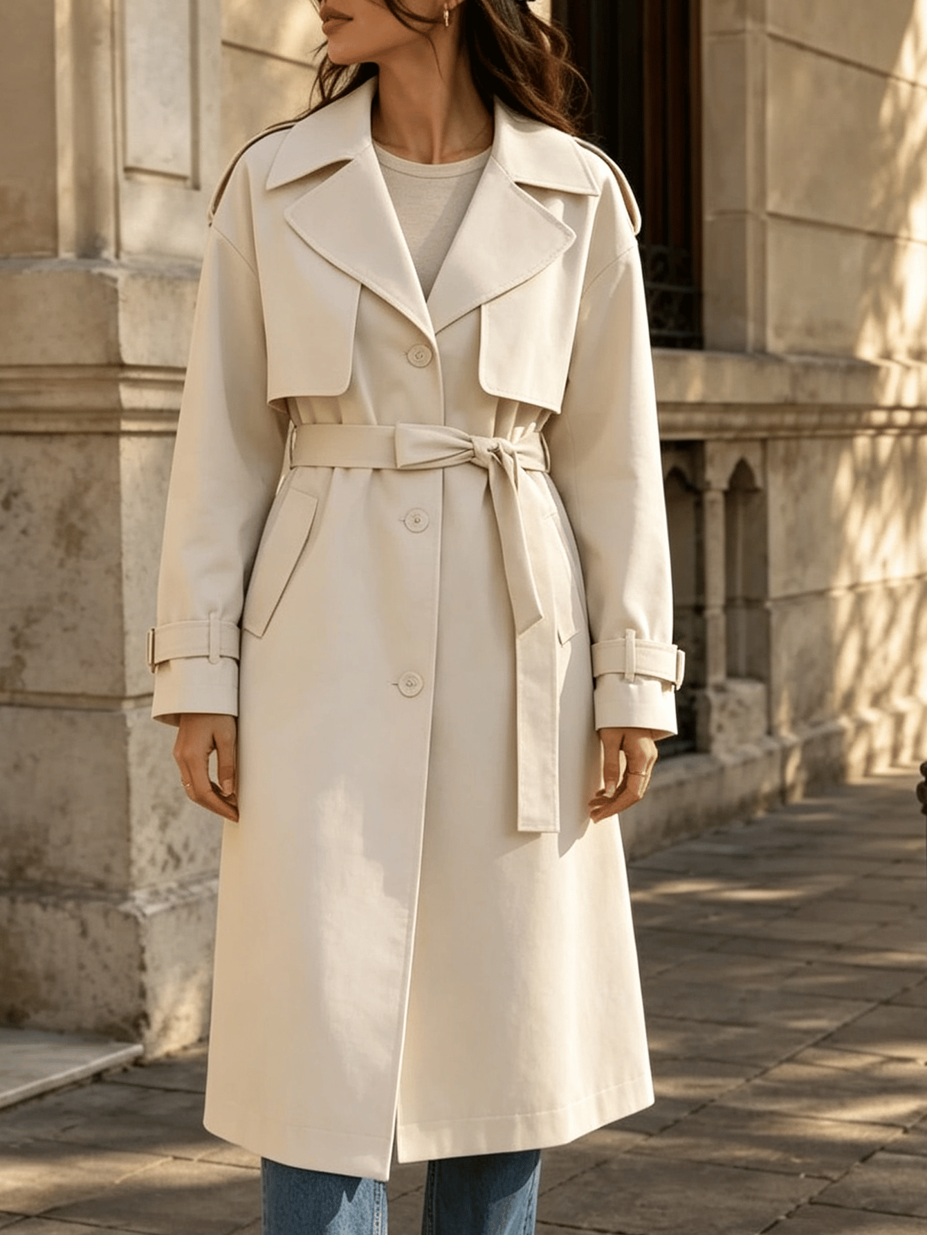 Neige Belted Oversized Long Trench Coat Lapel Windbreaker
