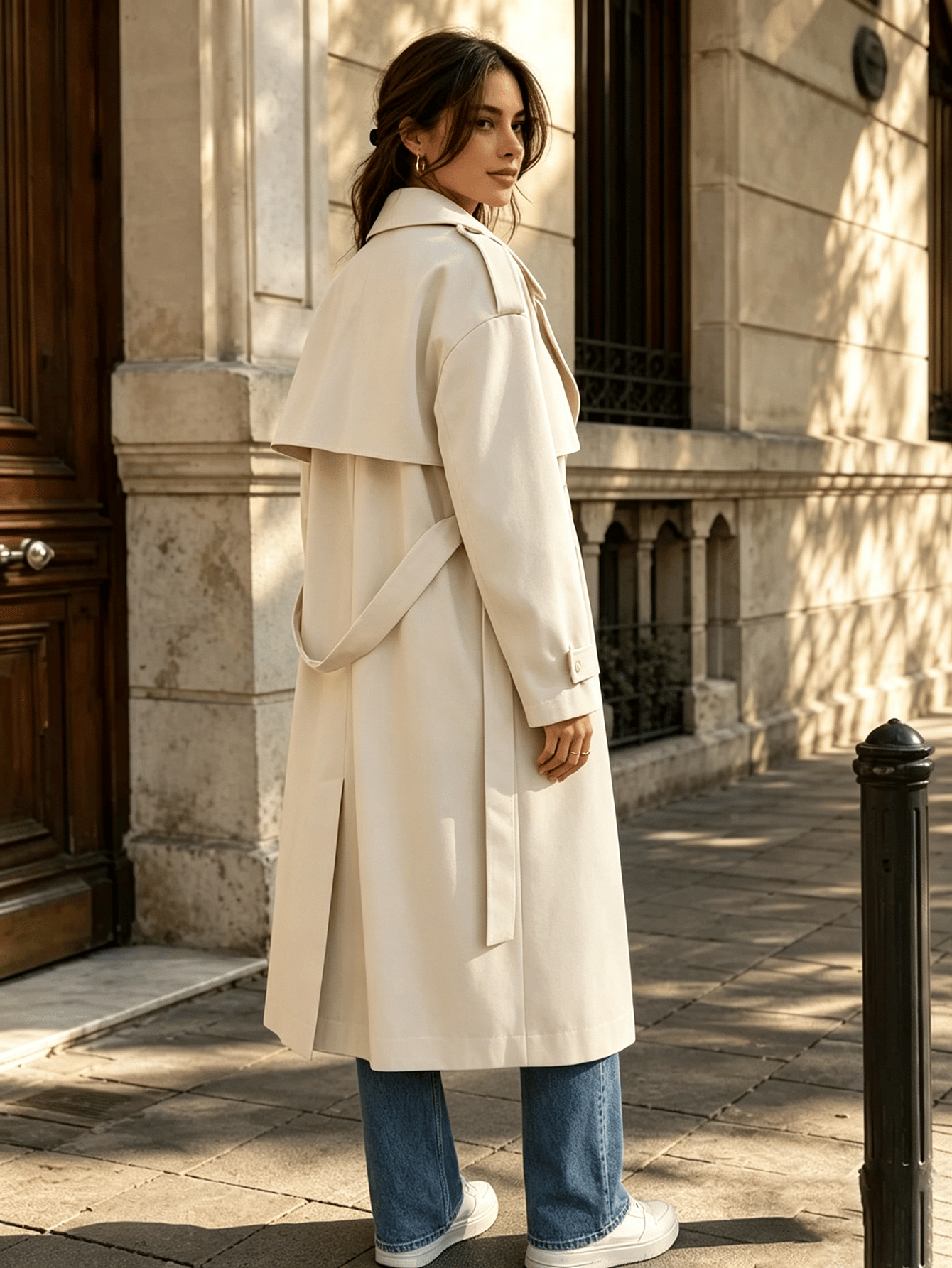 Neige Belted Oversized Long Trench Coat Lapel Windbreaker