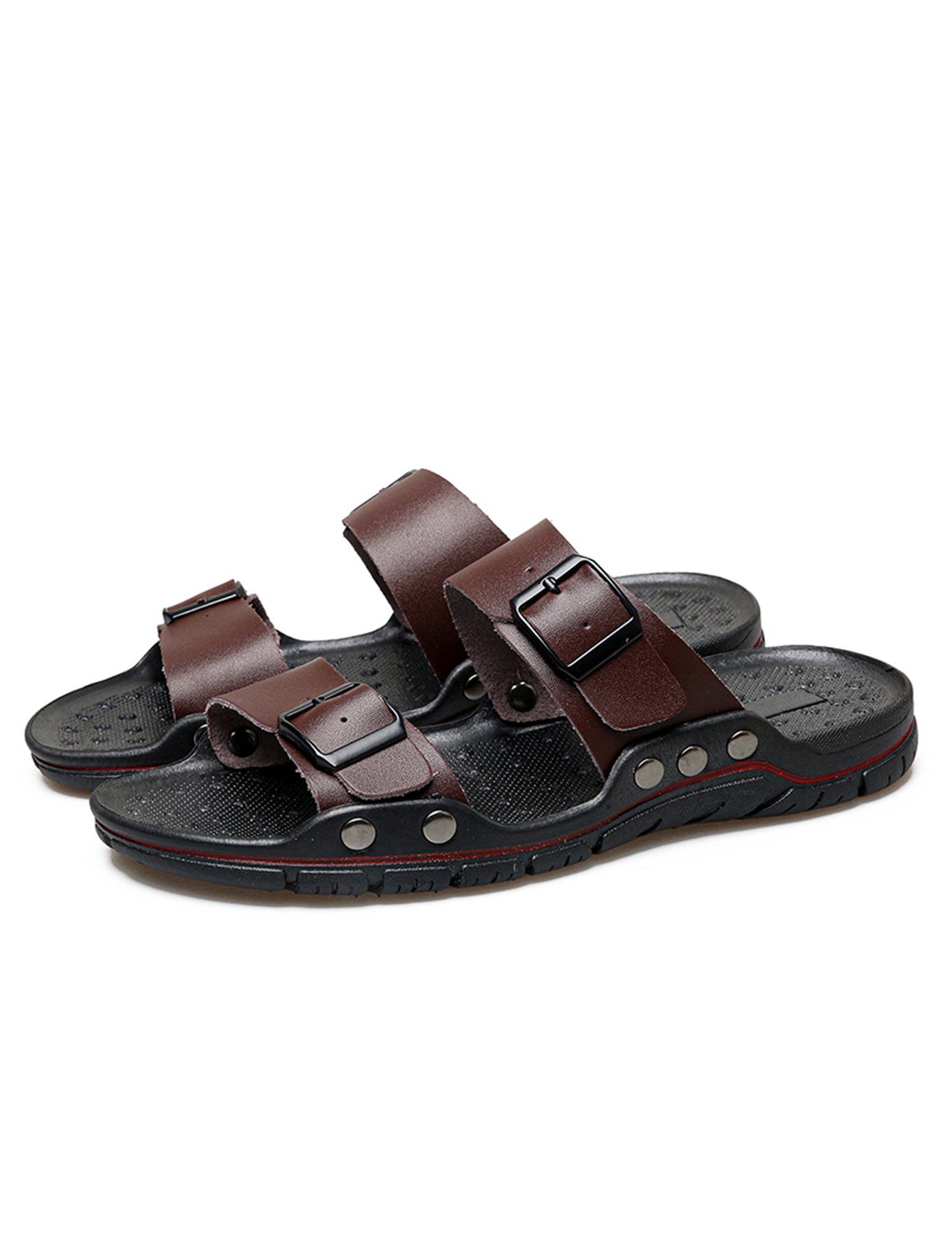 Brown Faux Leather Buckle Slides