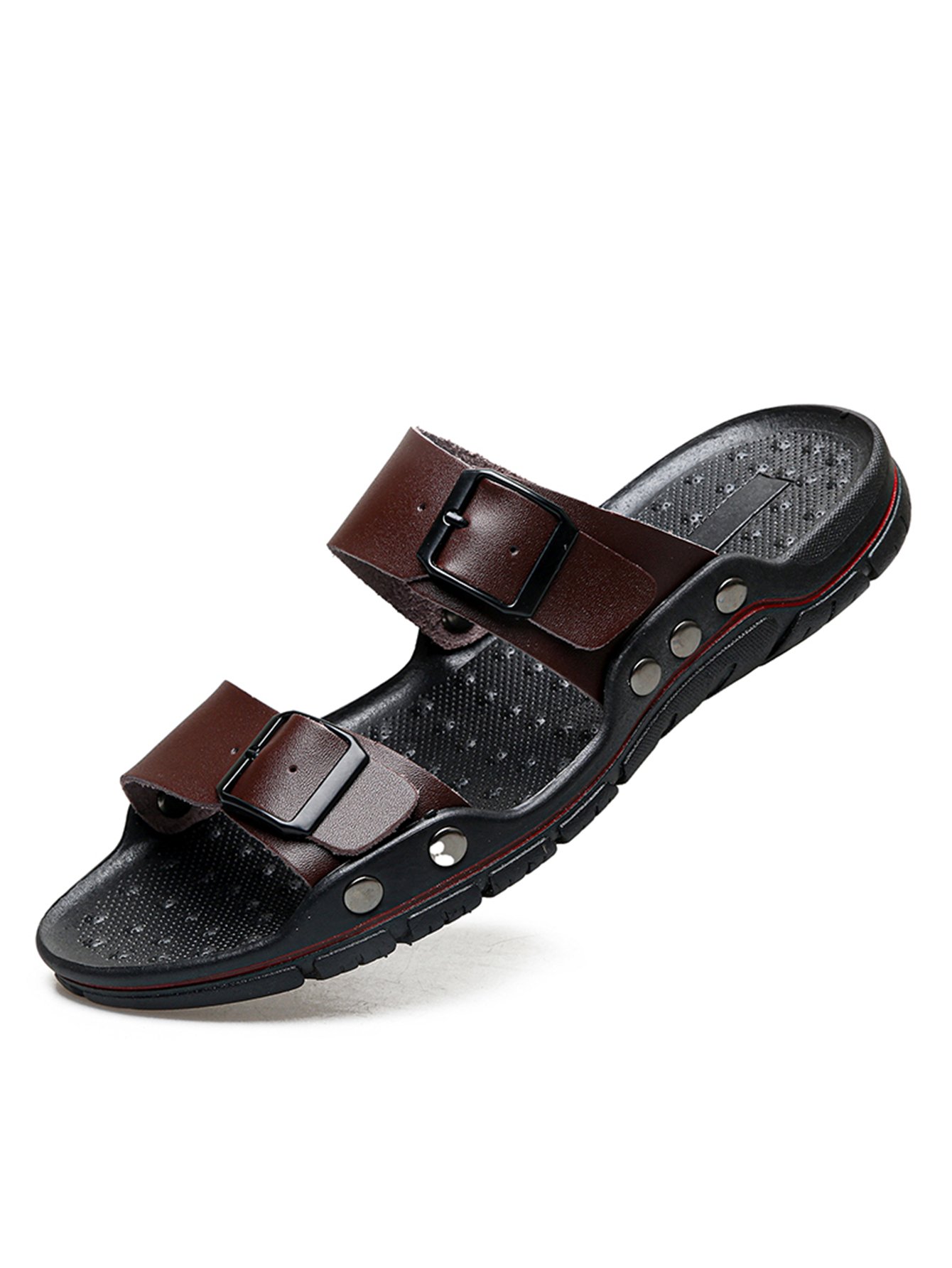 Brown Faux Leather Buckle Slides