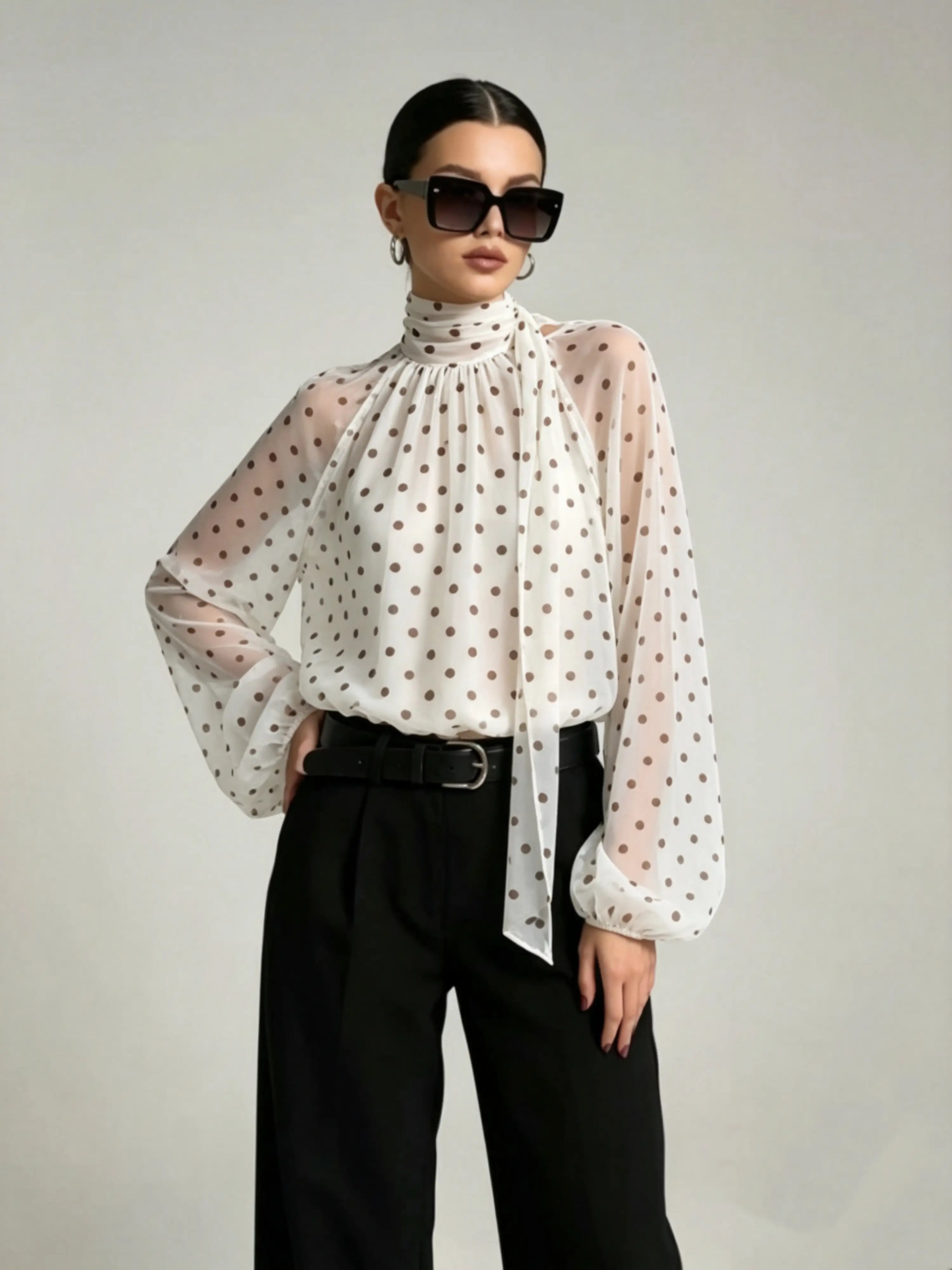 White Polka Dot Chiffon Blouse with Neck Tie and Lantern Sleeves