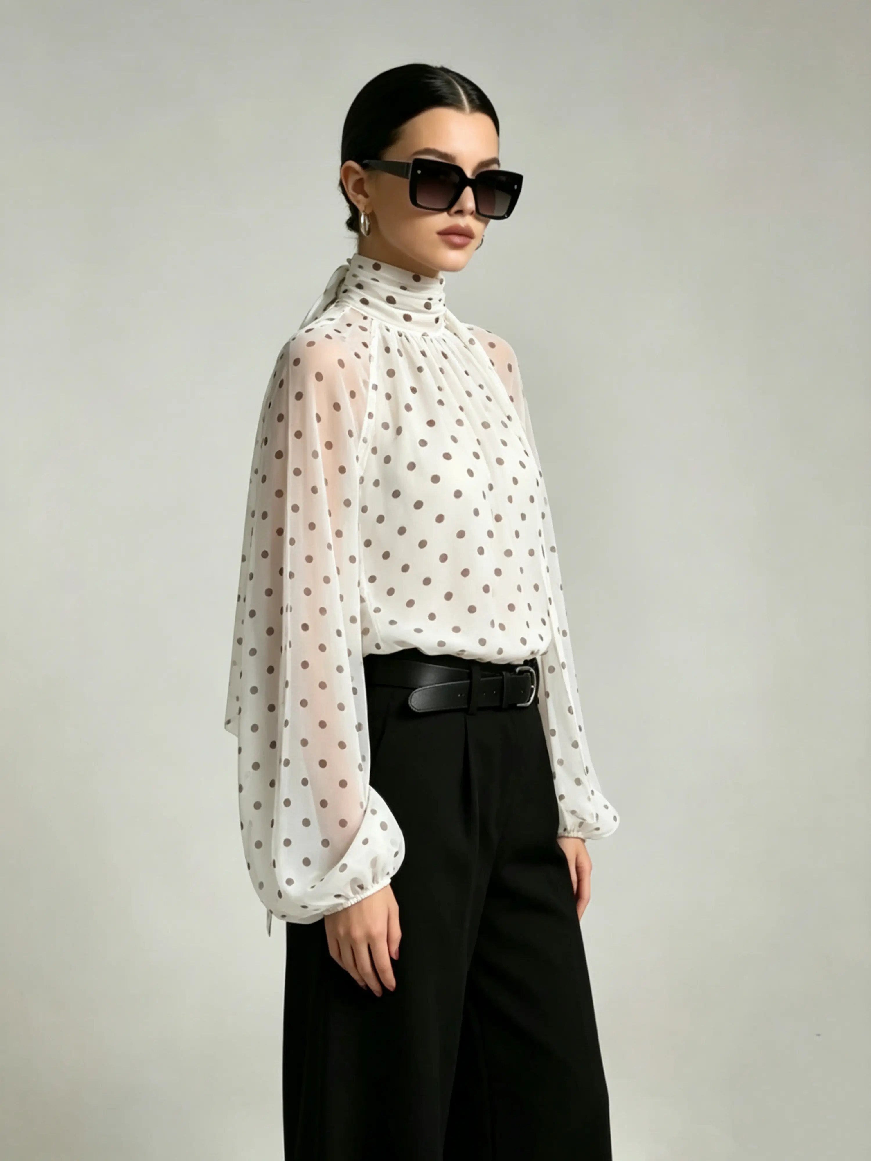White Polka Dot Chiffon Blouse with Neck Tie and Lantern Sleeves