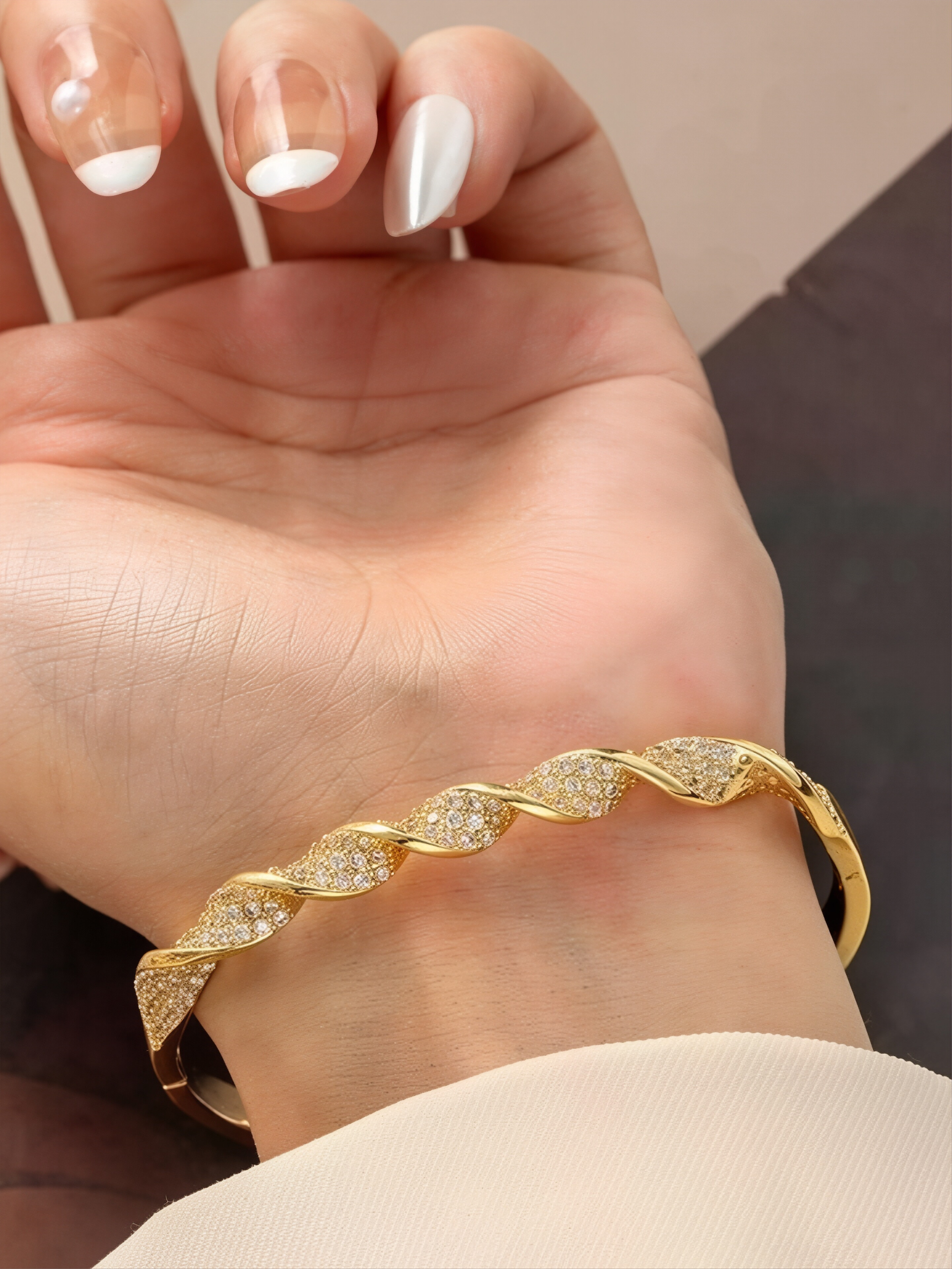 Gold-Plated Twisted Bangle Bracelet with Zirconia