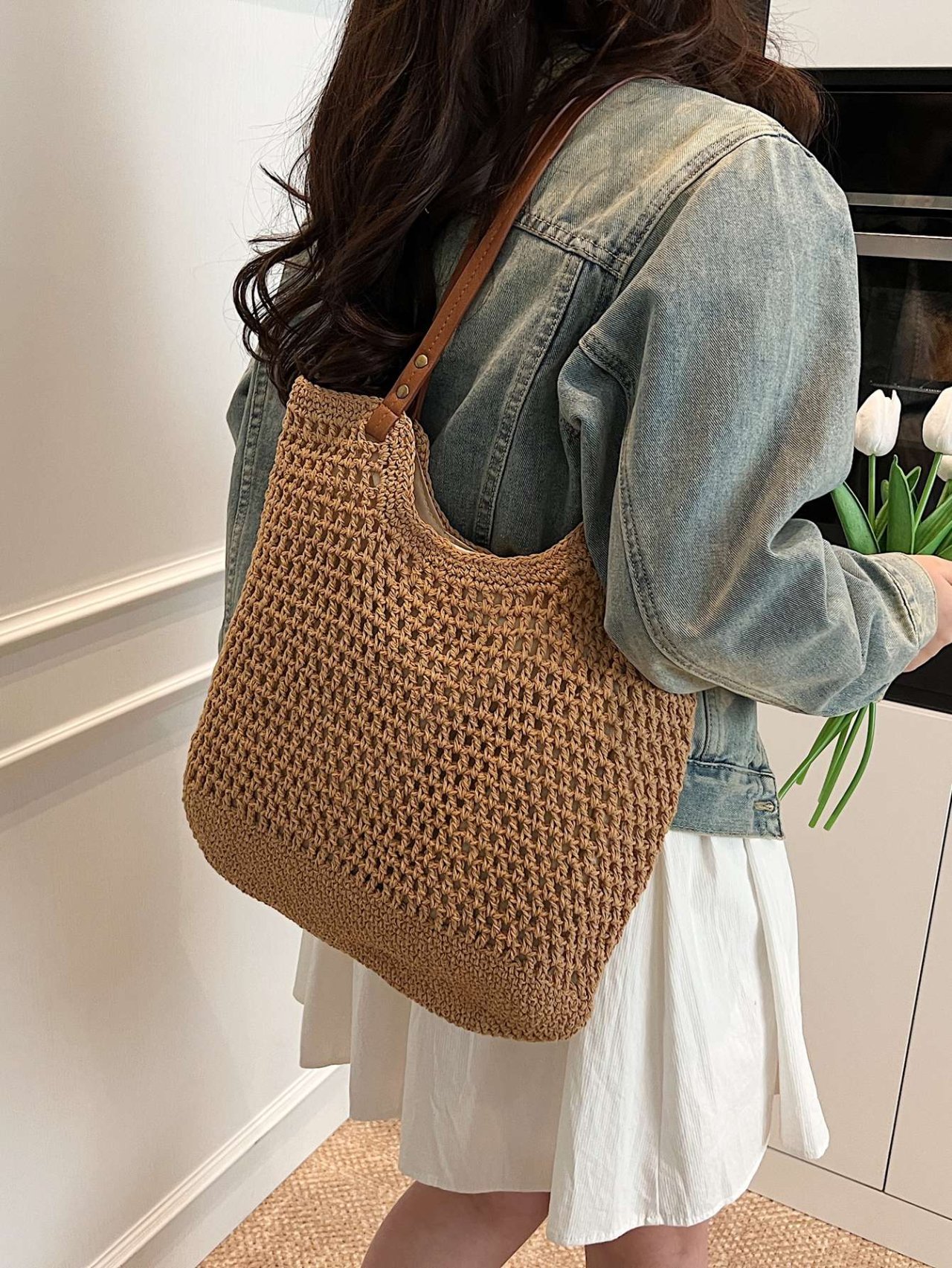 Khaki Woven Shoulder Bag