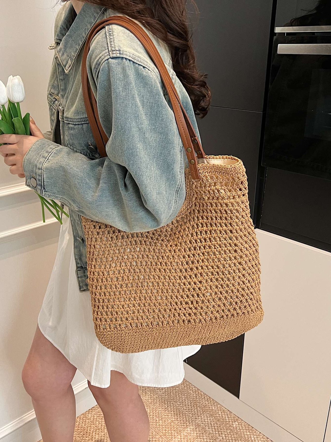 Khaki Woven Shoulder Bag
