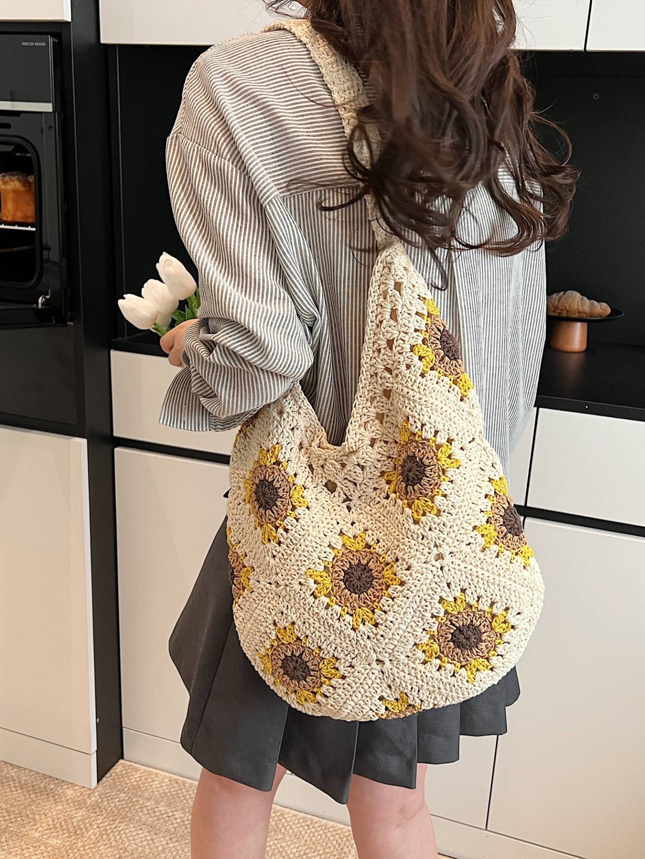 Khaki Crocheted Sunflower Shoulder Bag