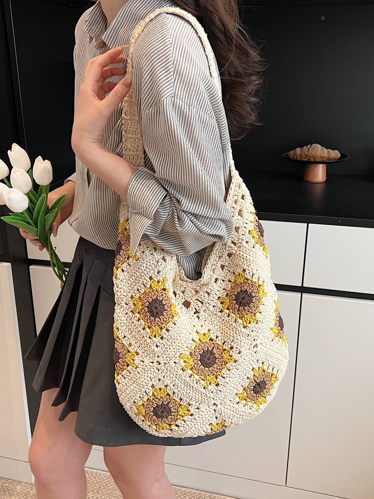 Khaki Crocheted Sunflower Shoulder Bag