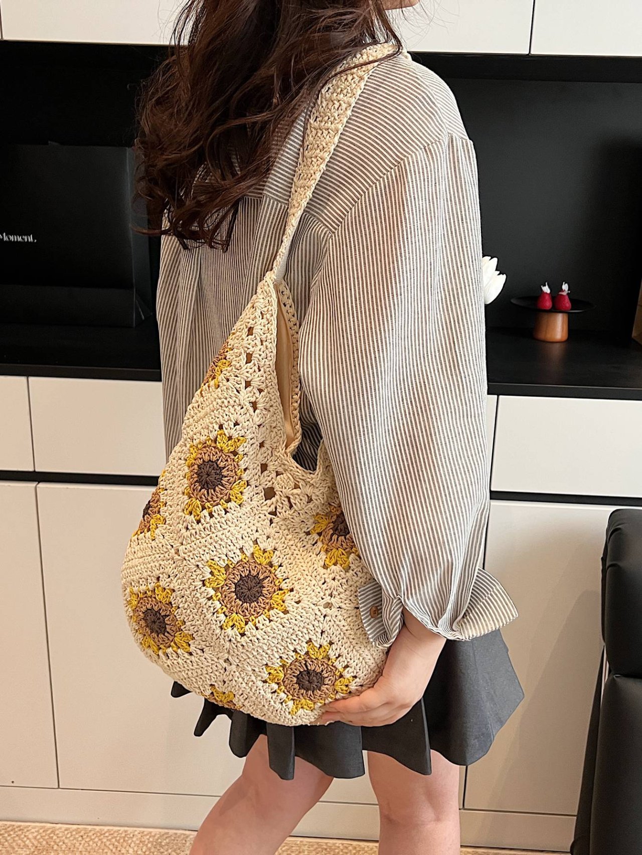 Khaki Crocheted Sunflower Shoulder Bag
