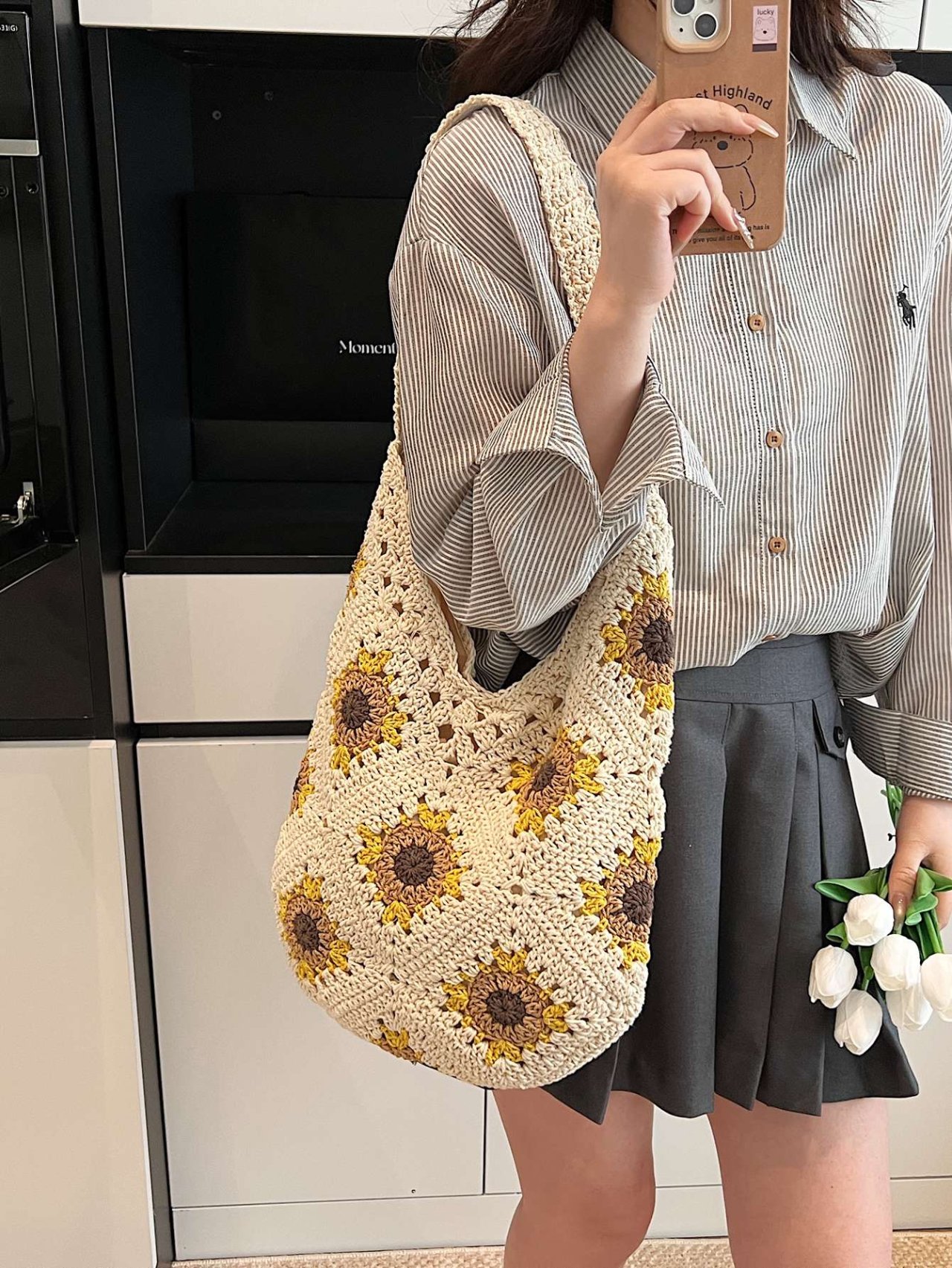 Khaki Crocheted Sunflower Shoulder Bag