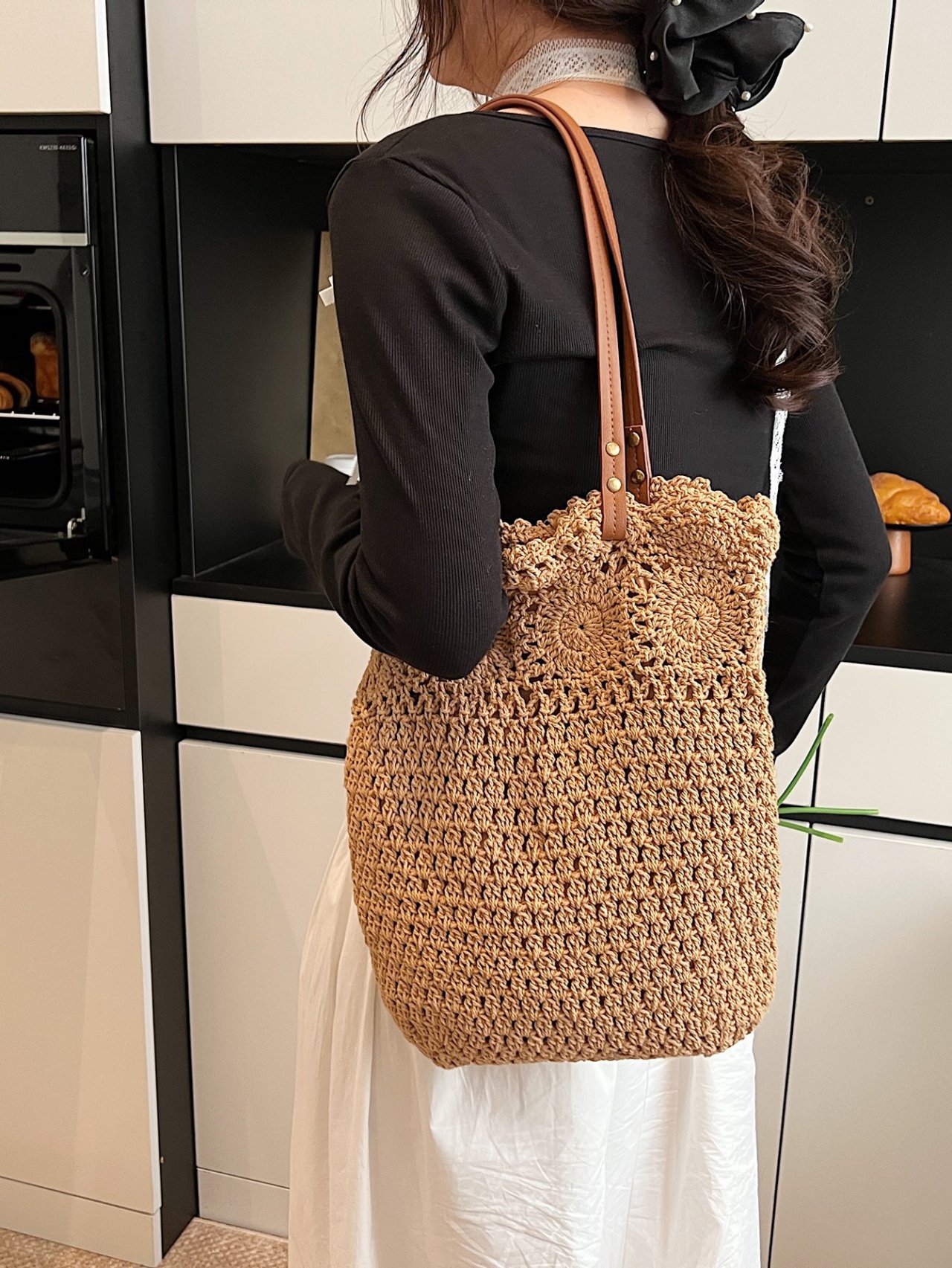 Khaki Crochet Weave Shoulder Bag