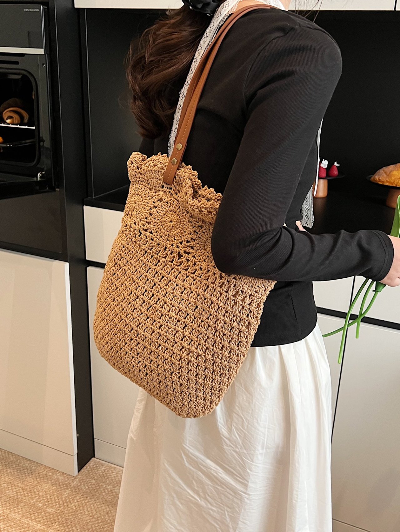 Khaki Crochet Weave Shoulder Bag