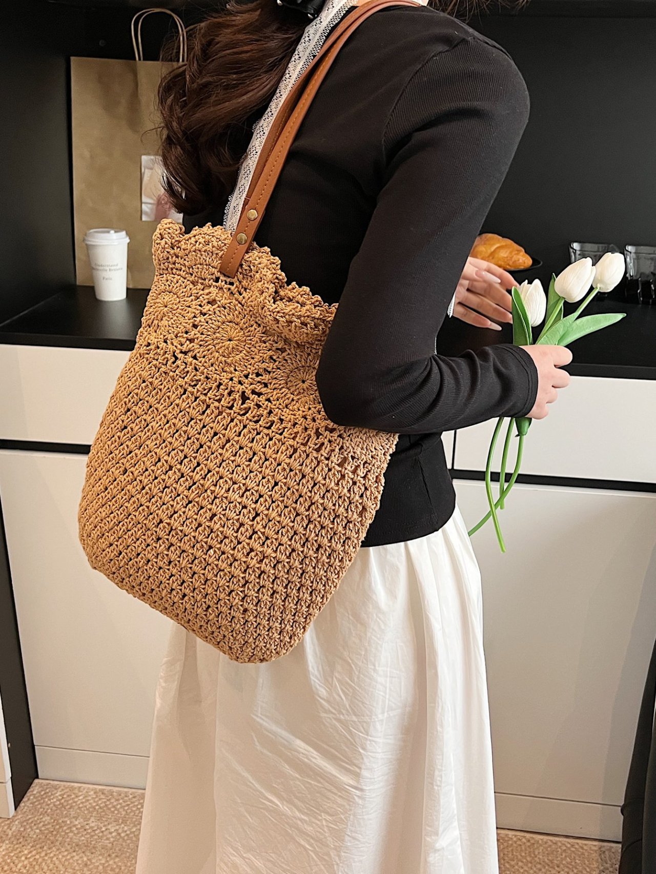 Khaki Crochet Weave Shoulder Bag