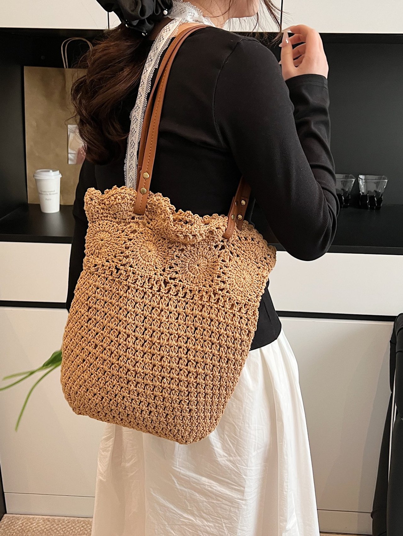 Khaki Crochet Weave Shoulder Bag