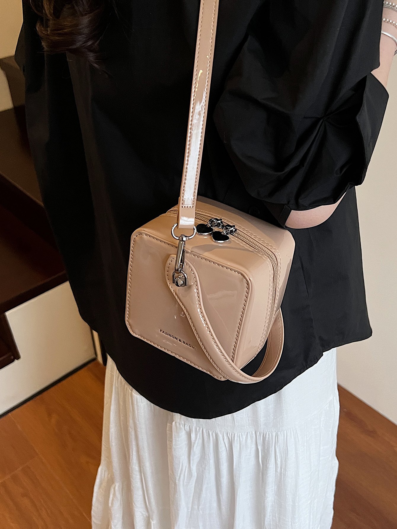 Khaki Patent Crossbody Bag