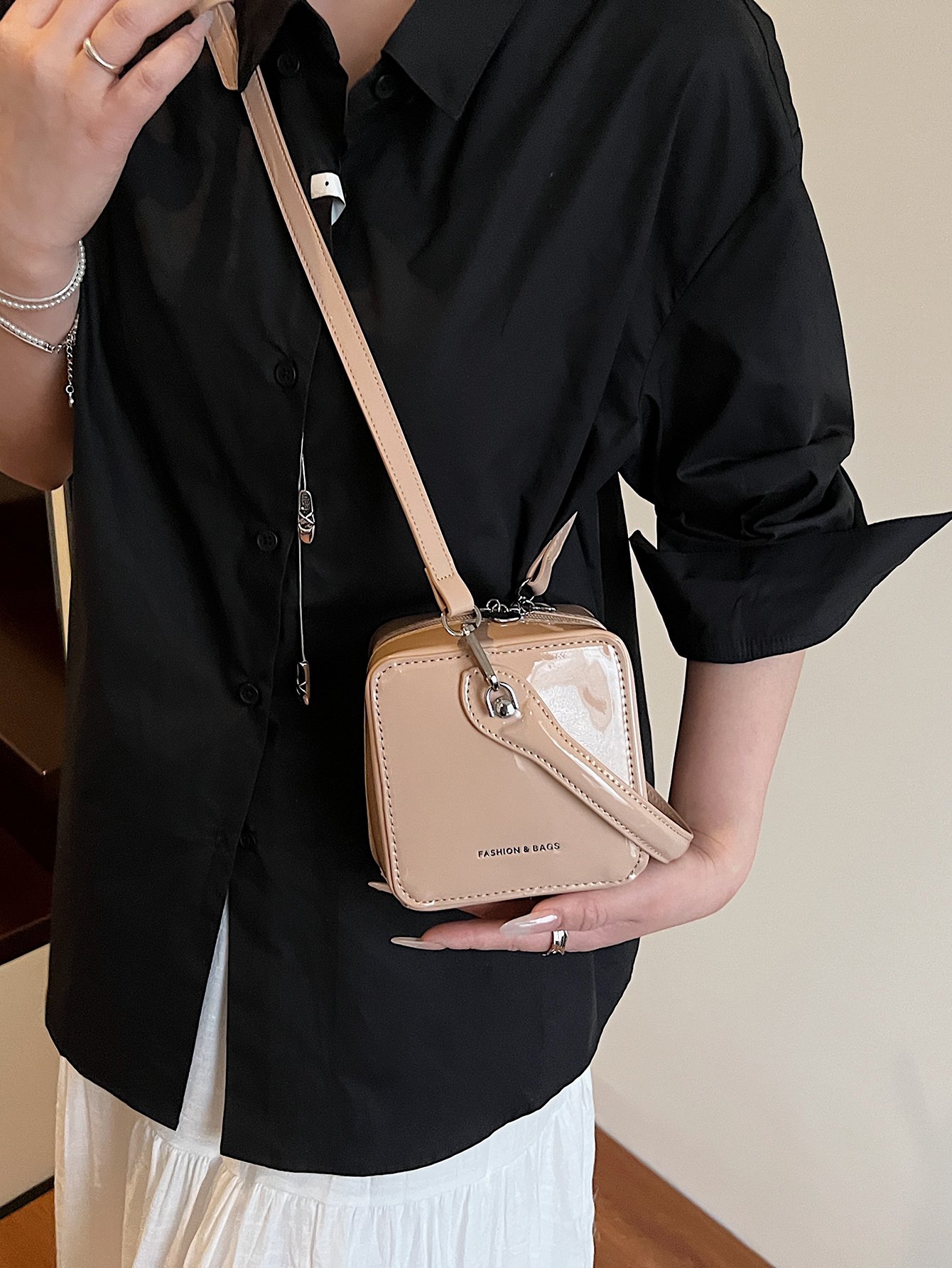 Khaki Patent Crossbody Bag