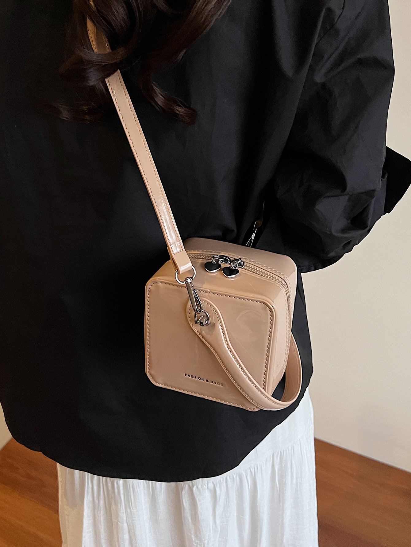Khaki Patent Crossbody Bag