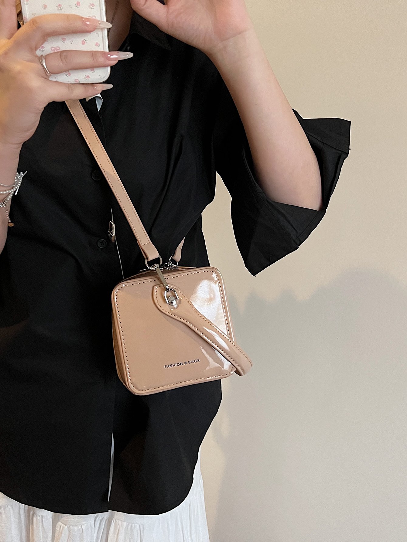 Khaki Patent Crossbody Bag