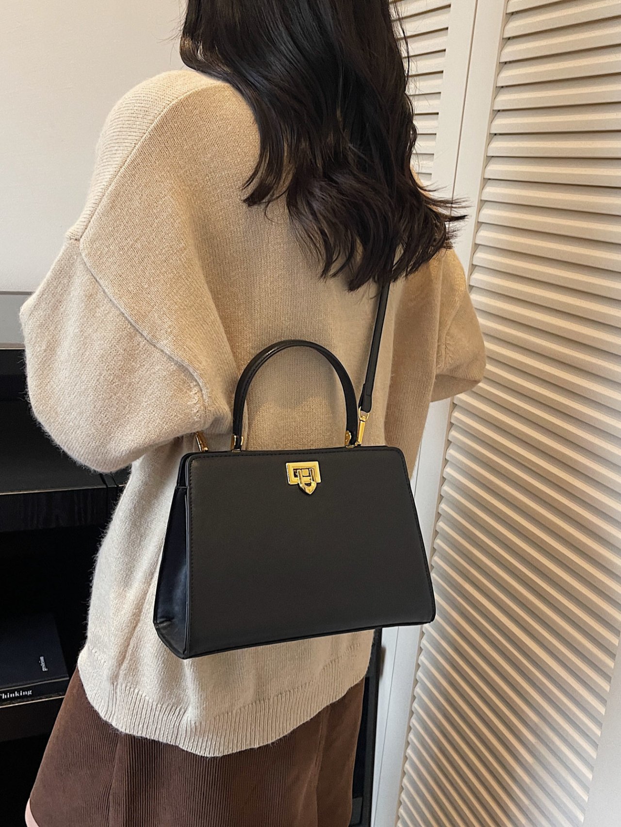  Black Crossbody Bag with Top Handle and Gold Clasp