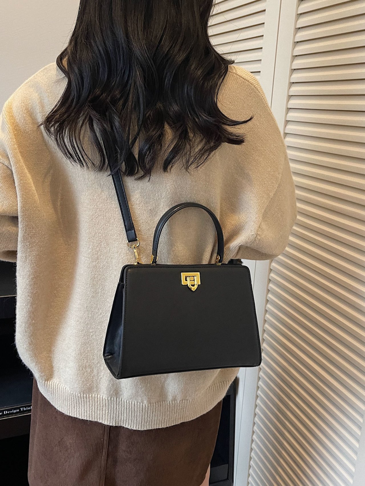  Black Crossbody Bag with Top Handle and Gold Clasp
