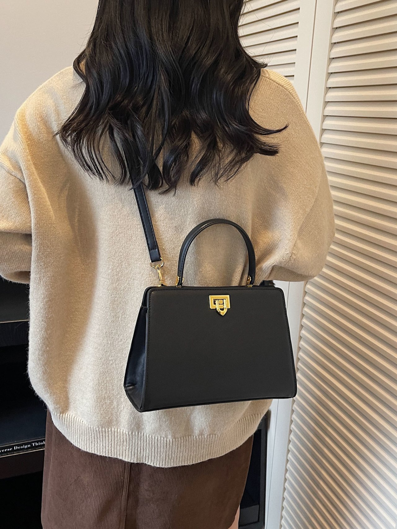  Black Crossbody Bag with Top Handle and Gold Clasp