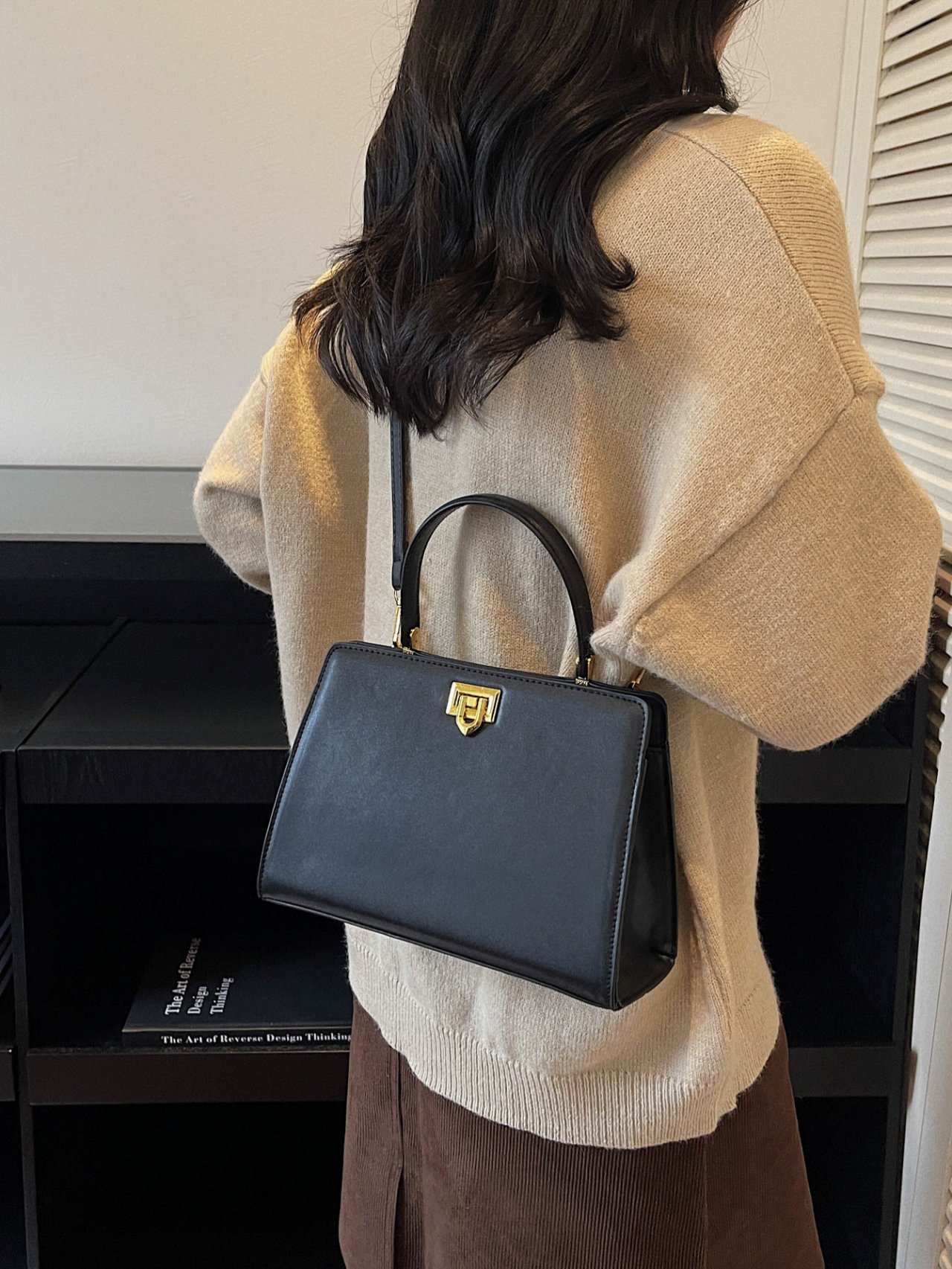  Black Crossbody Bag with Top Handle and Gold Clasp
