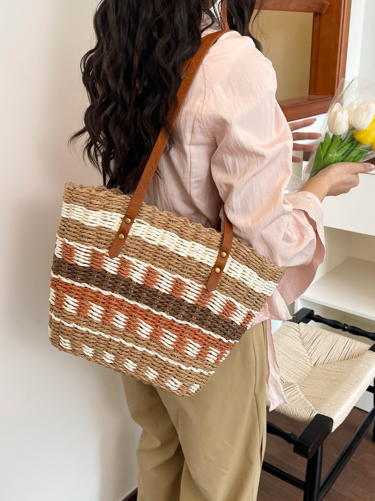 Khaki Woven Straw-Style Shoulder Bag