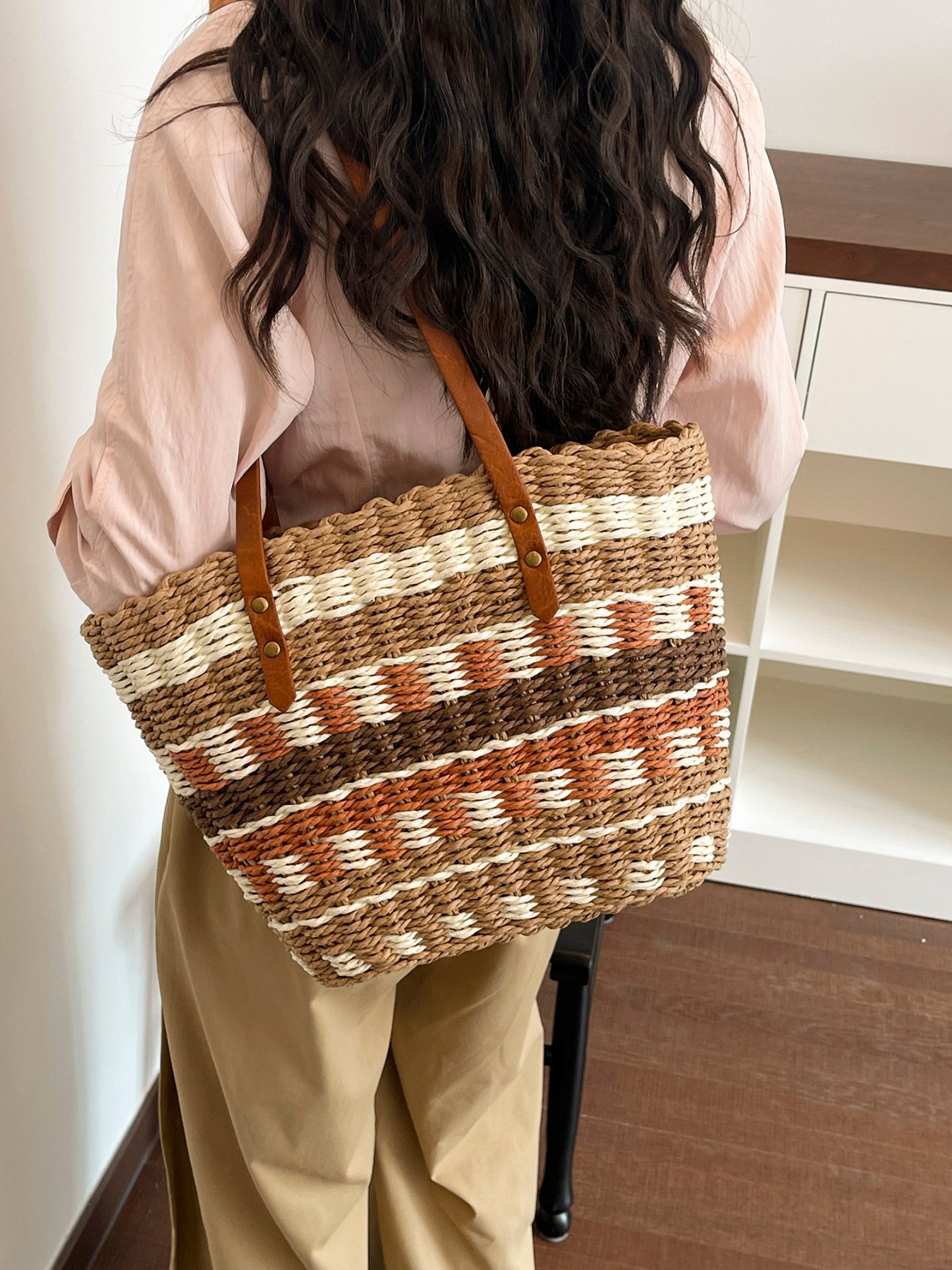 Khaki Woven Straw-Style Shoulder Bag