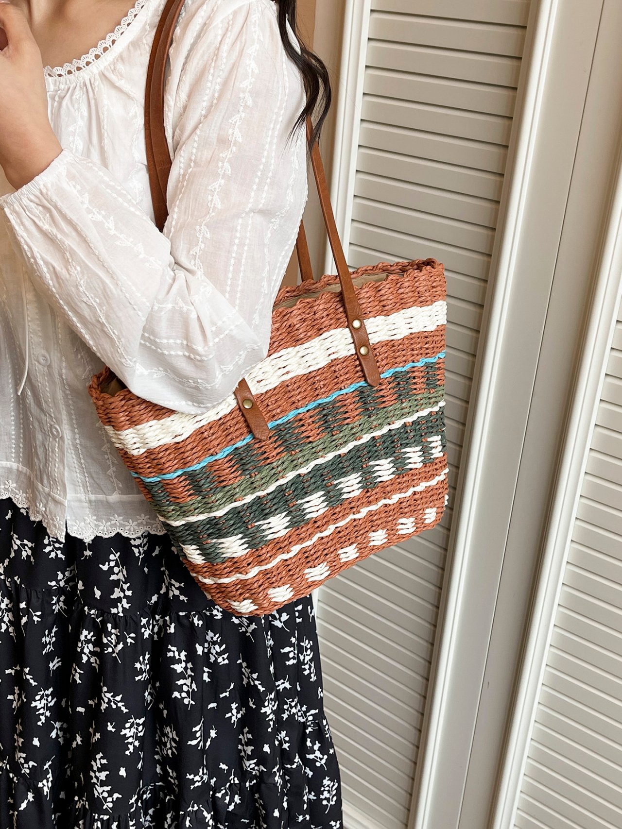 Striped Raffia-Style Shoulder Bag