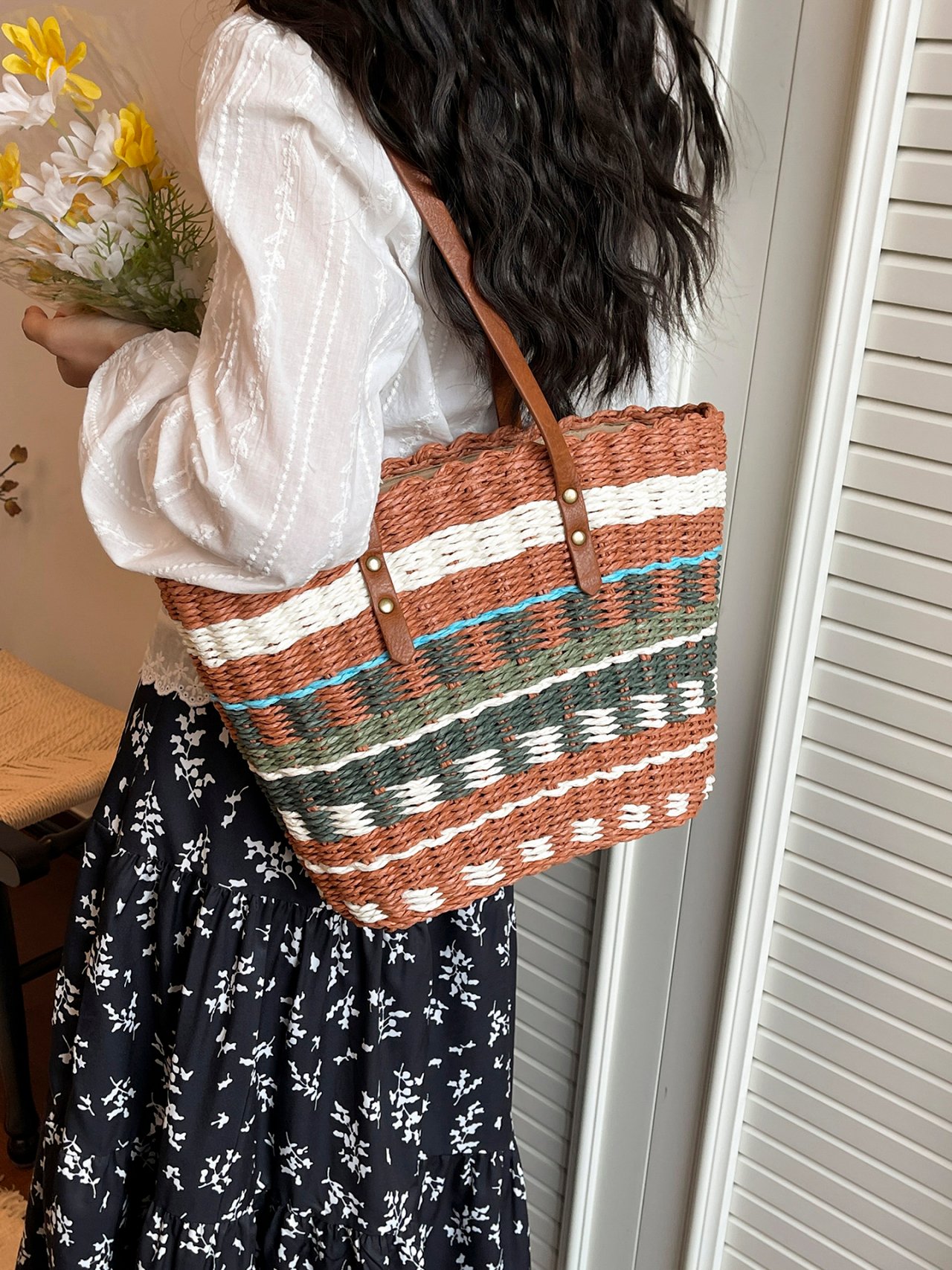 Striped Raffia-Style Shoulder Bag