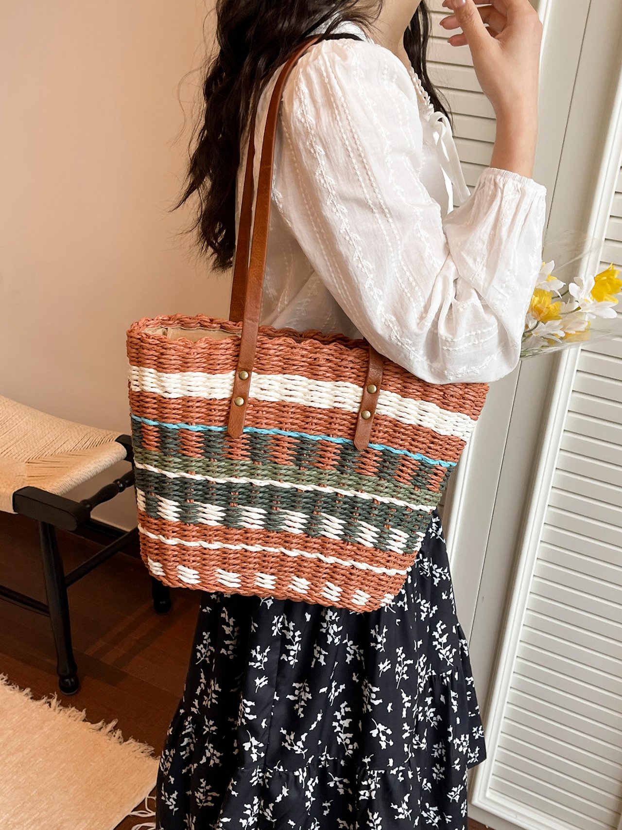 Striped Raffia-Style Shoulder Bag