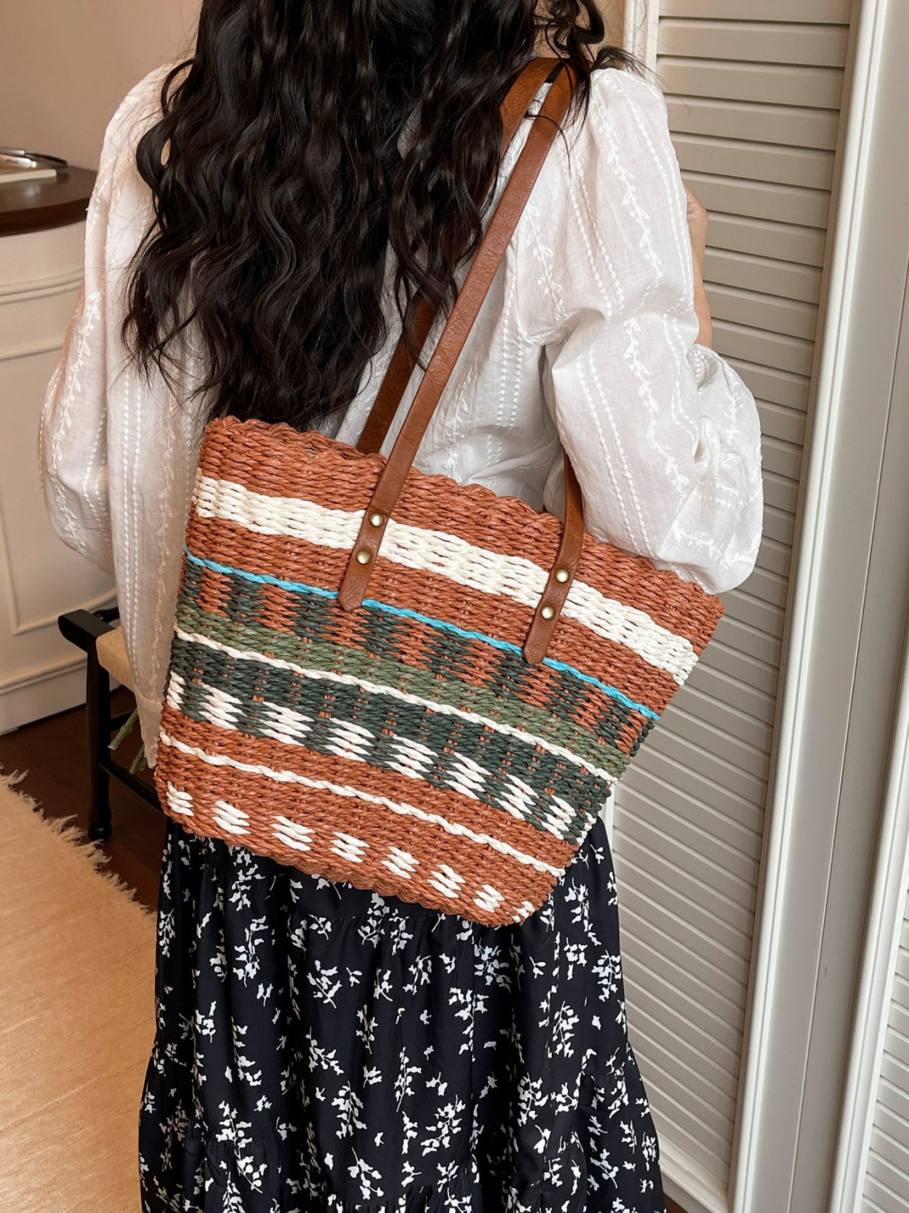Striped Raffia-Style Shoulder Bag
