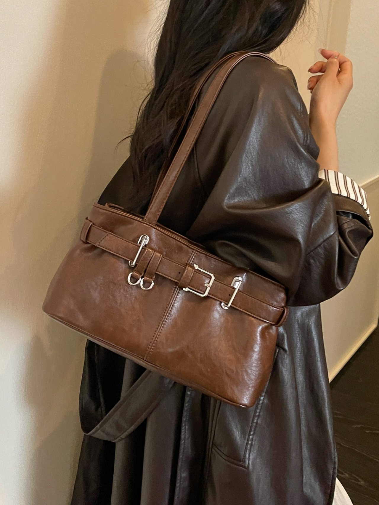 Coffee Brown Buckled Shoulder Bag