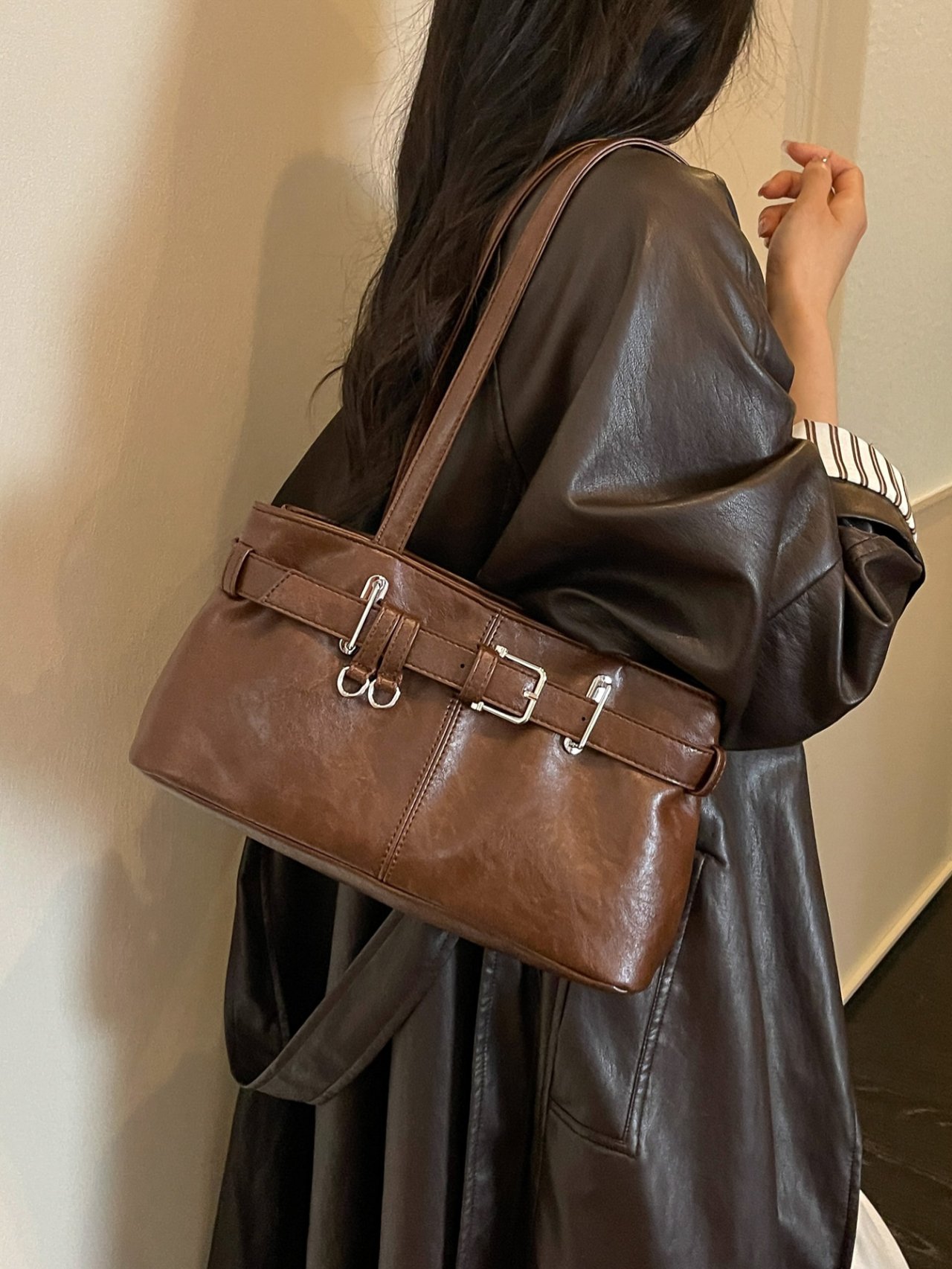 Coffee Brown Buckled Shoulder Bag