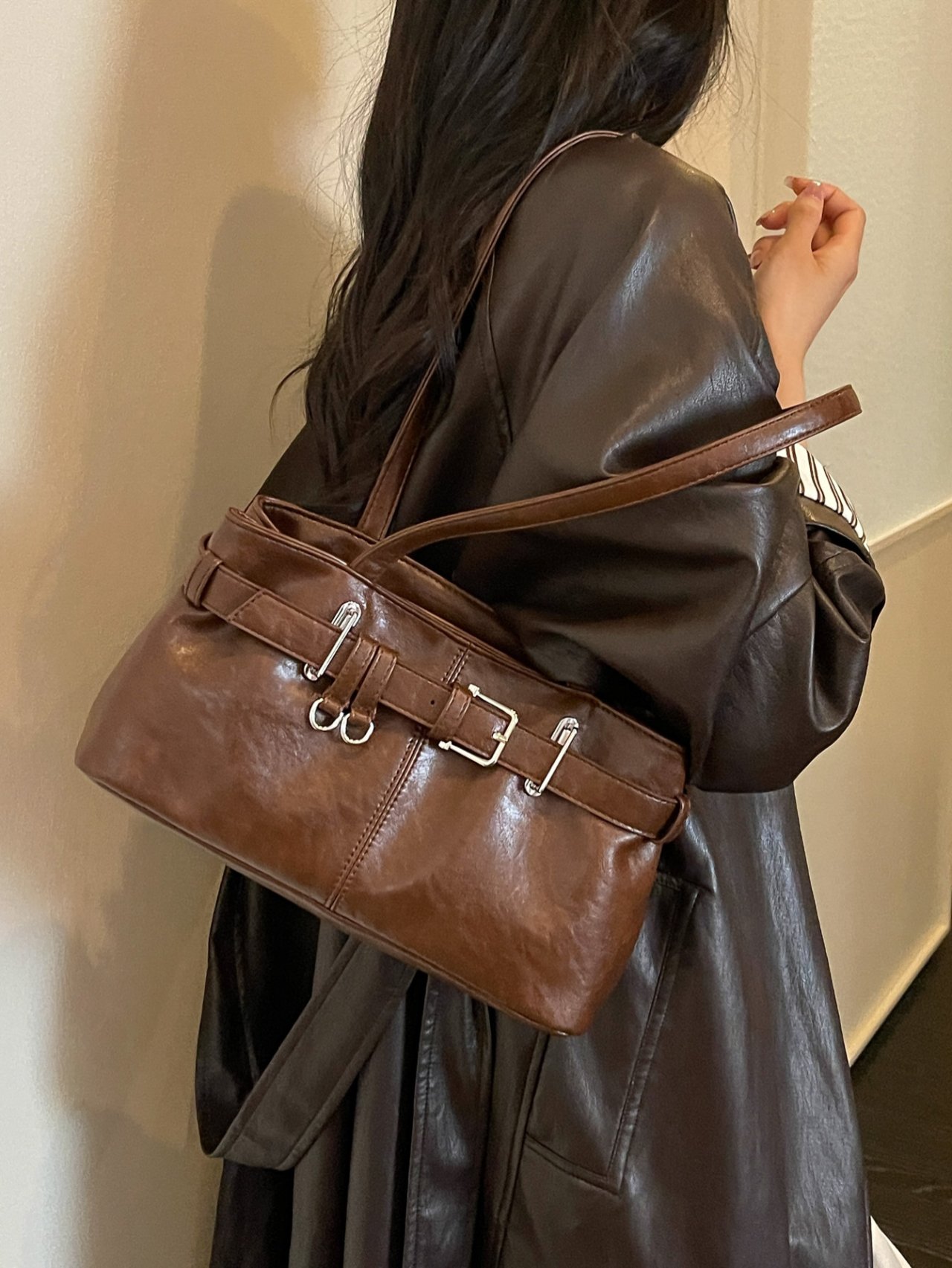 Coffee Brown Buckled Shoulder Bag