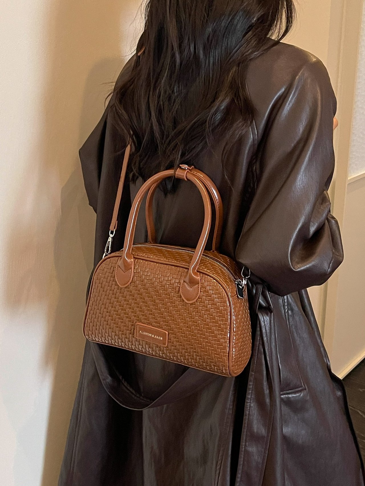 Brown Textured Crossbody with Strap
