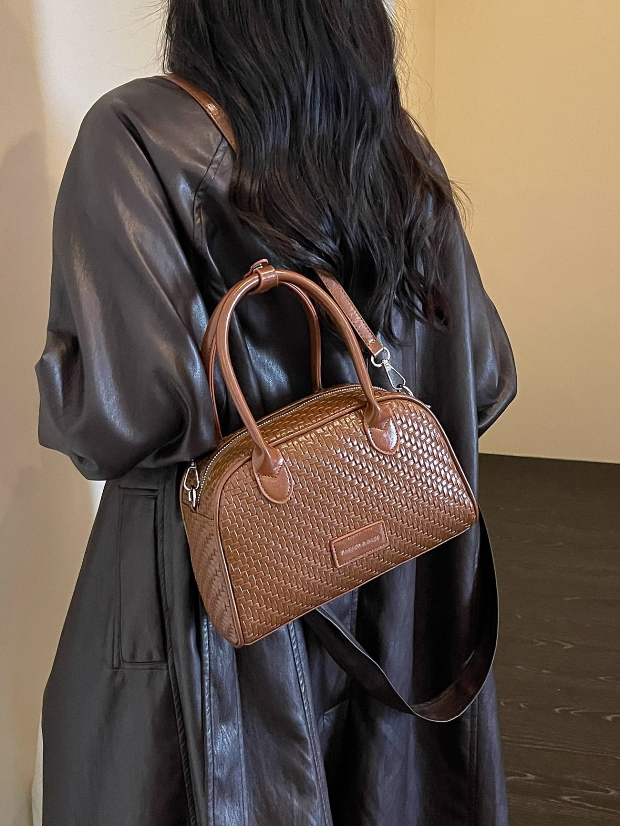 Brown Textured Crossbody with Strap
