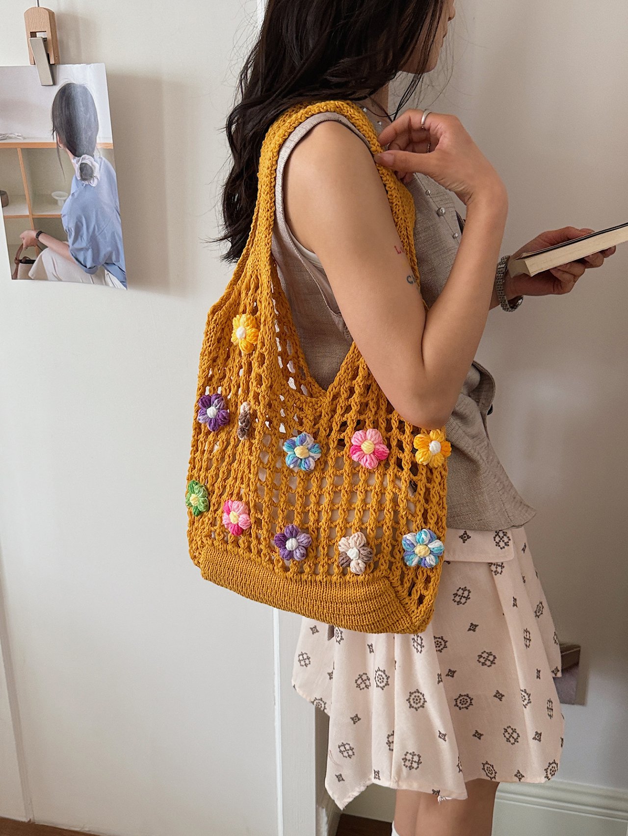 Mustard Floral Crochet Shoulder Bag
