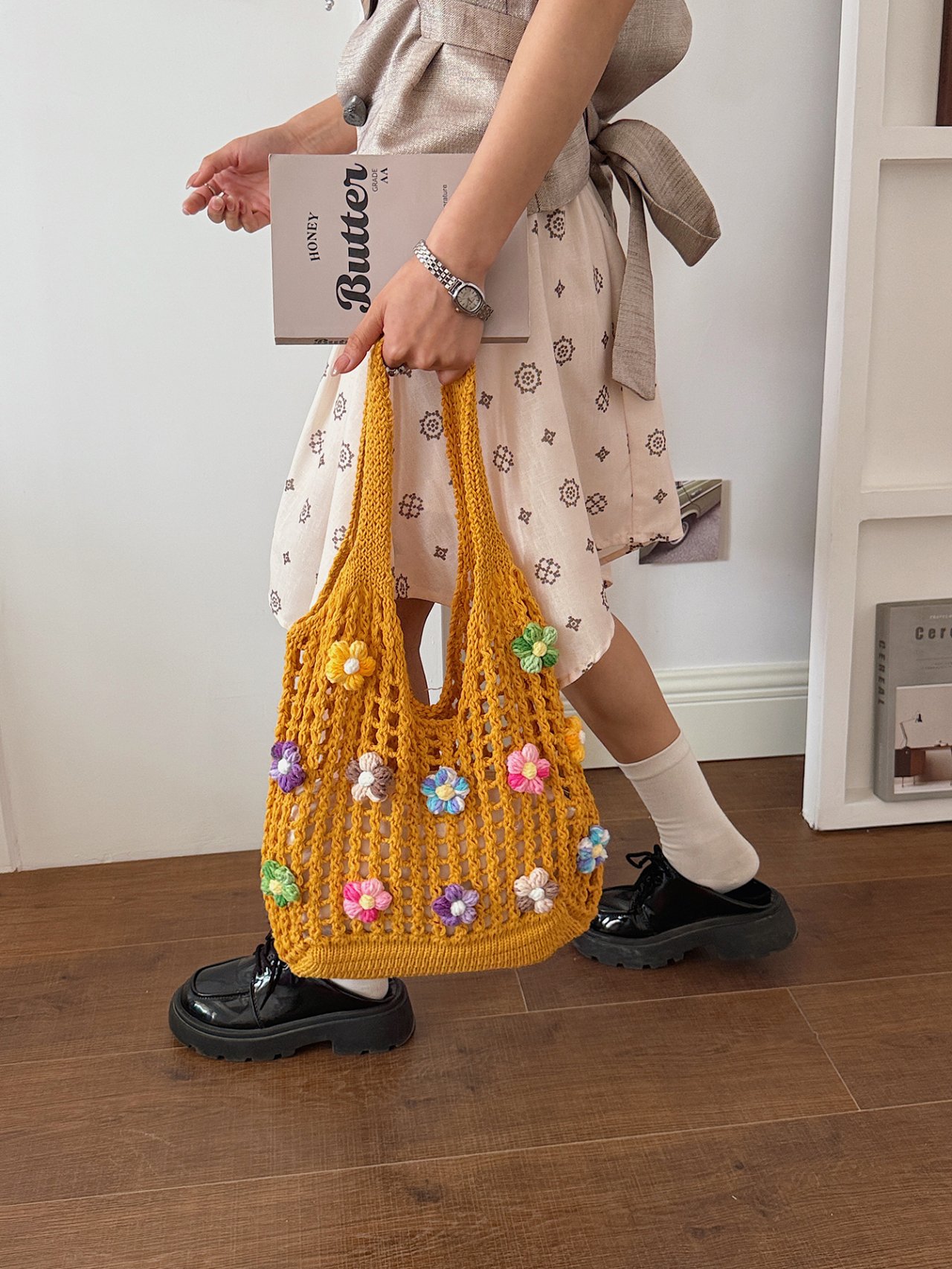 Mustard Floral Crochet Shoulder Bag