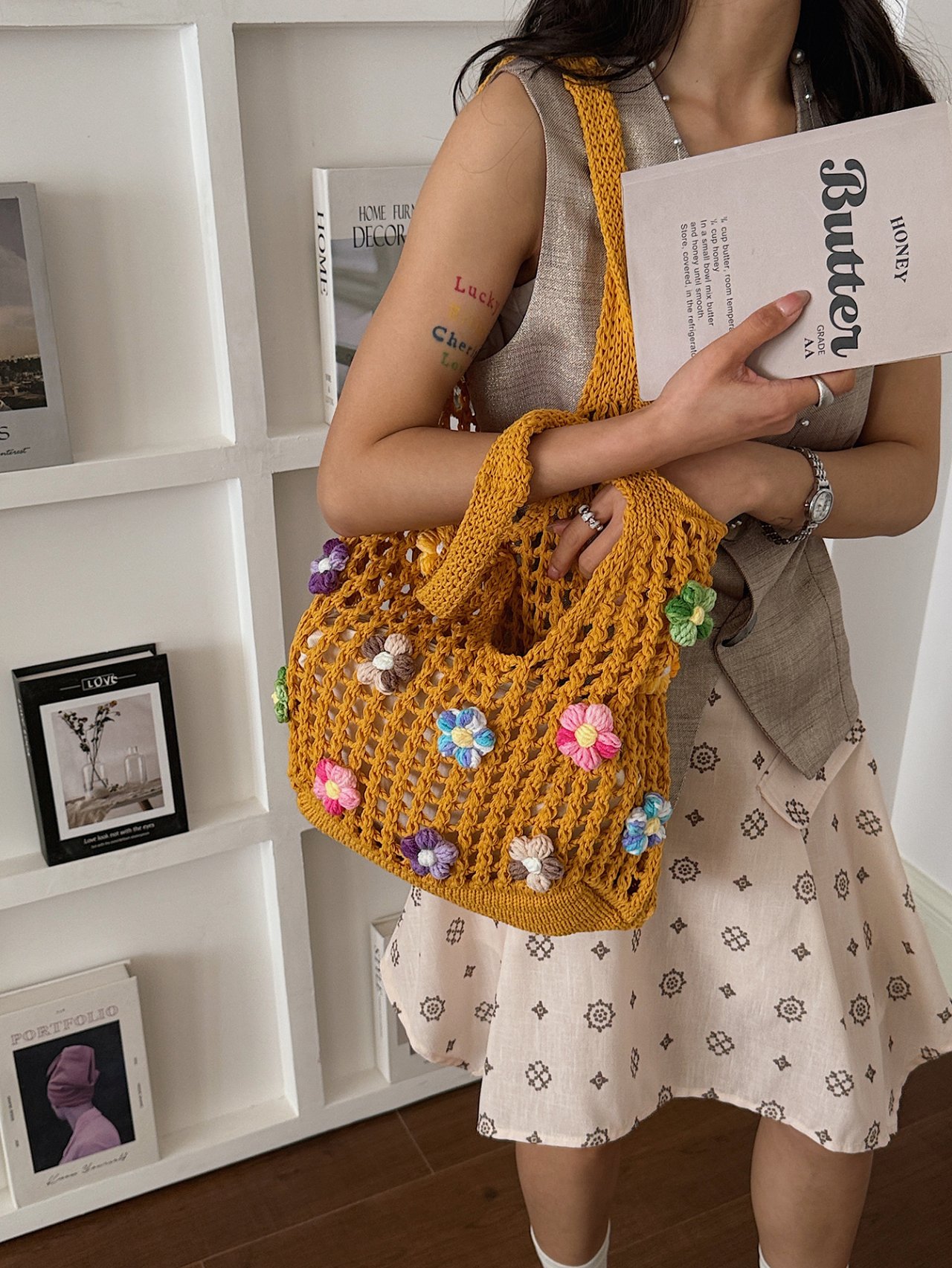 Mustard Floral Crochet Shoulder Bag