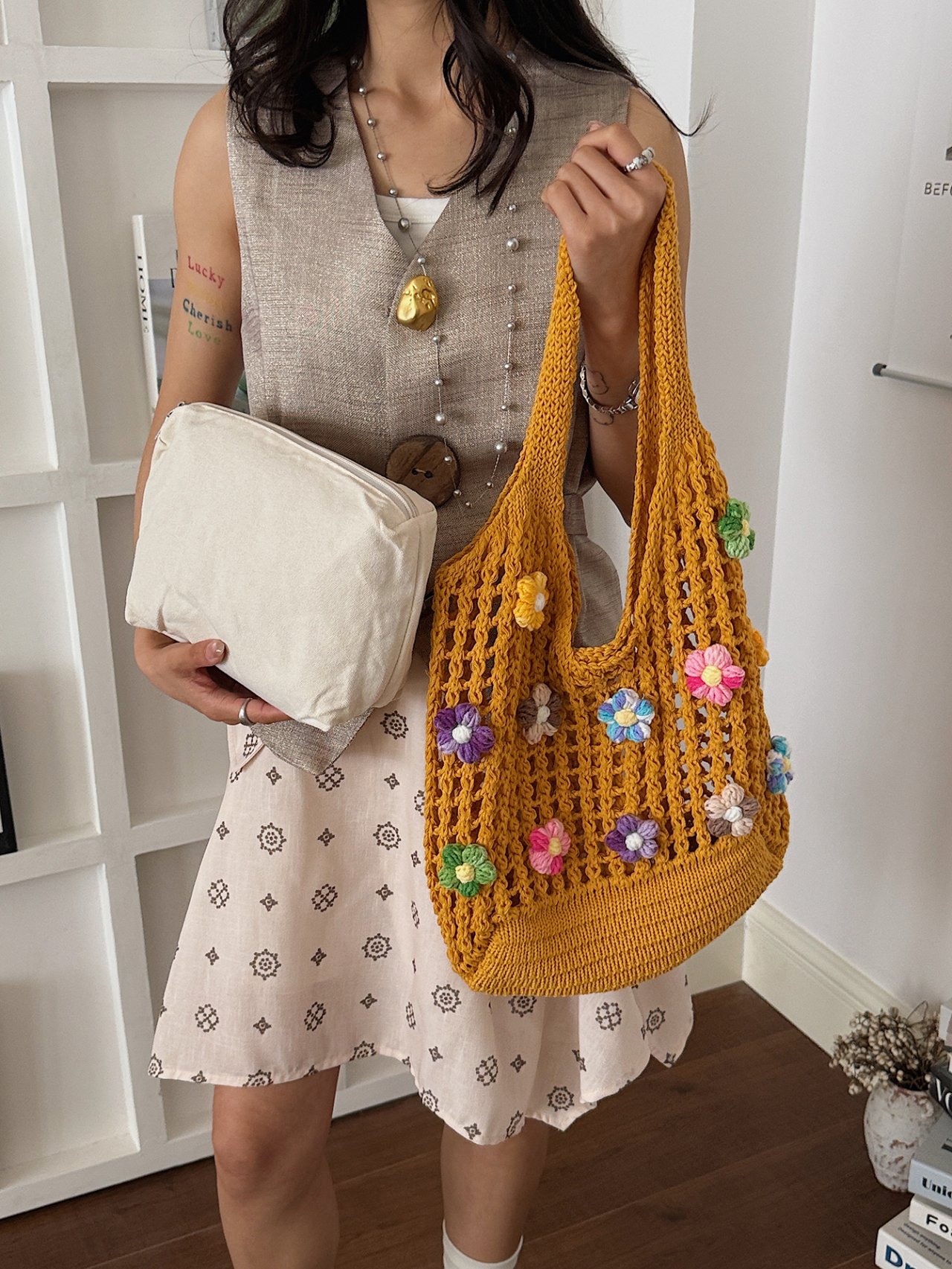 Mustard Floral Crochet Shoulder Bag