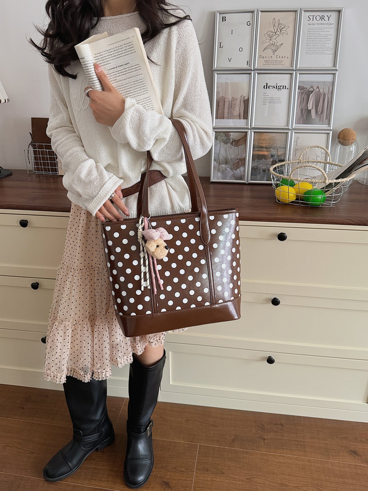 Coffee Brown Polka Dot Tote Bag with Charm