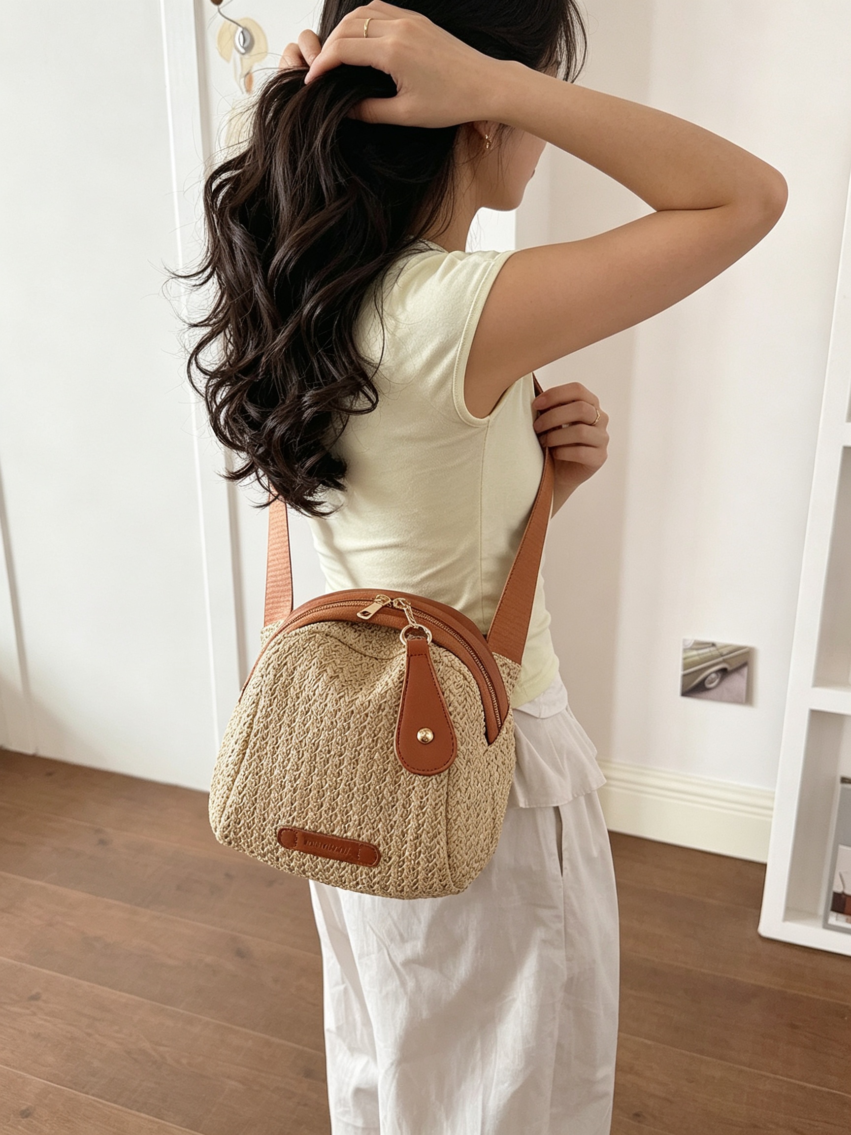 Beige Woven Crossbody Bag