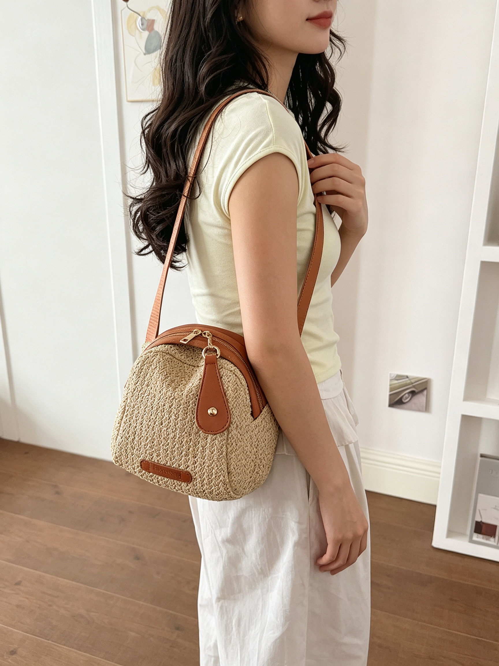 Beige Woven Crossbody Bag