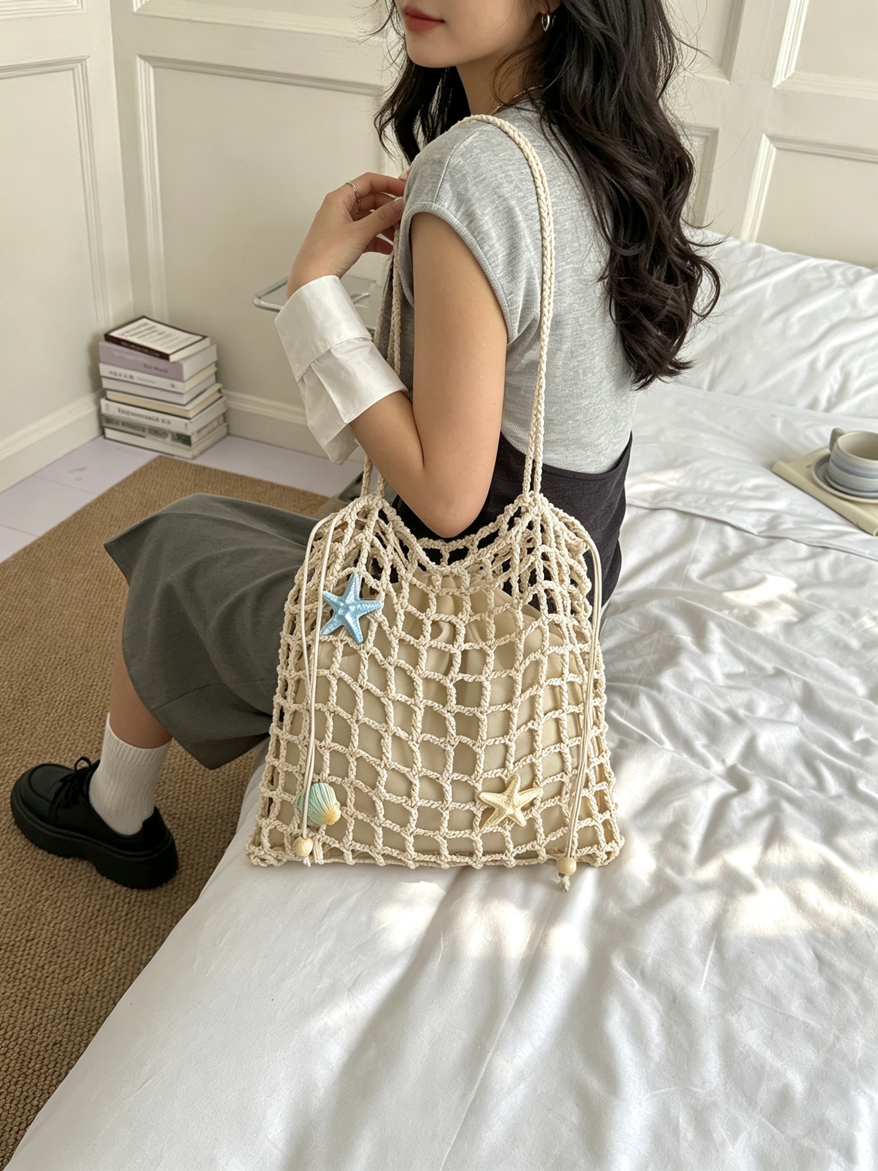 Beige Crochet Tote Bag