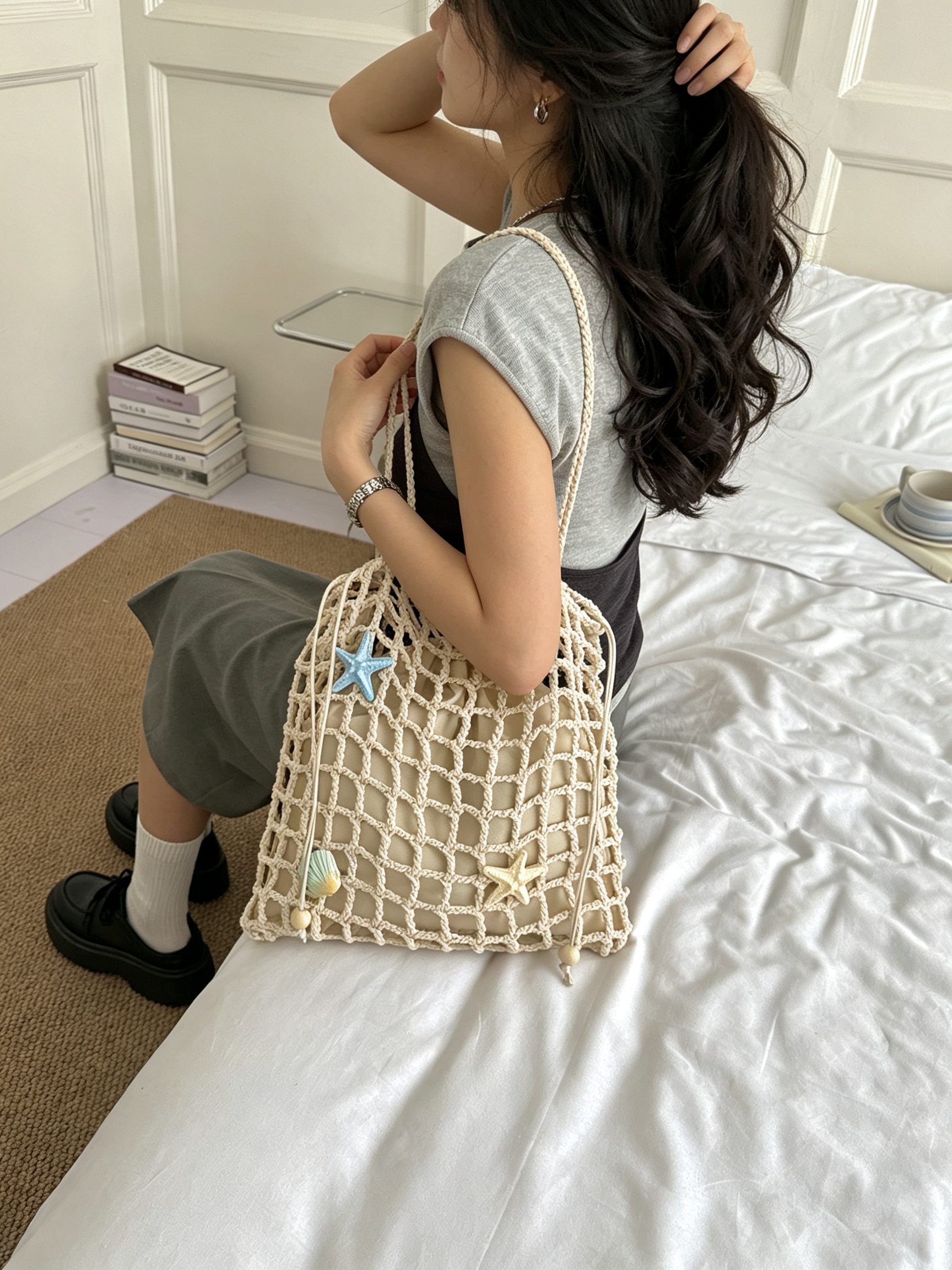 Beige Crochet Tote Bag