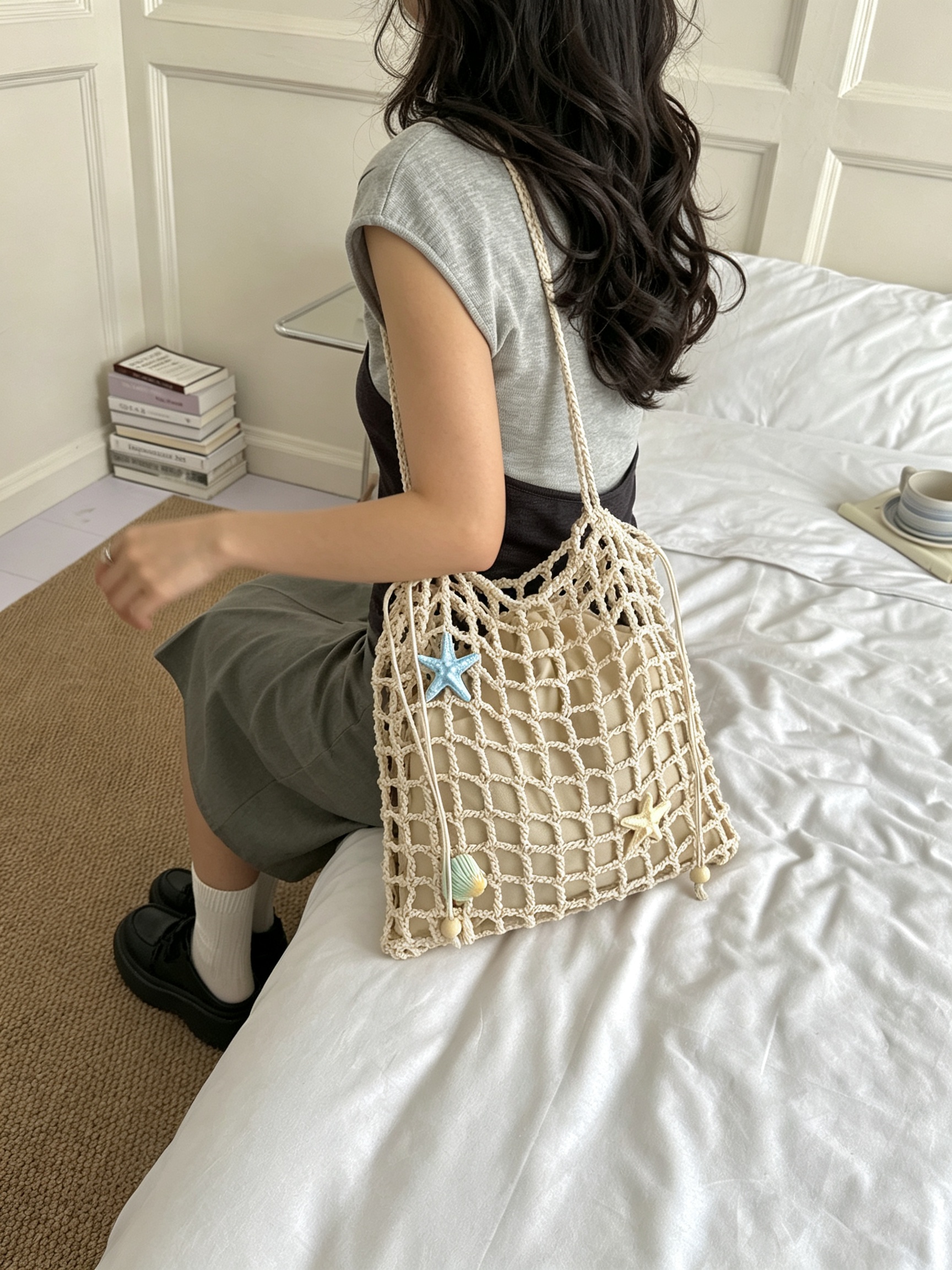 Beige Crochet Tote Bag