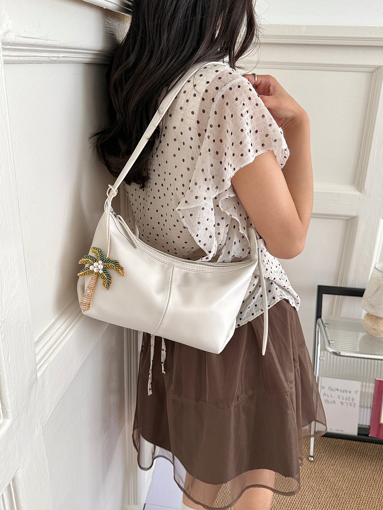 Grey Shoulder Bag with Palm Tree Charm